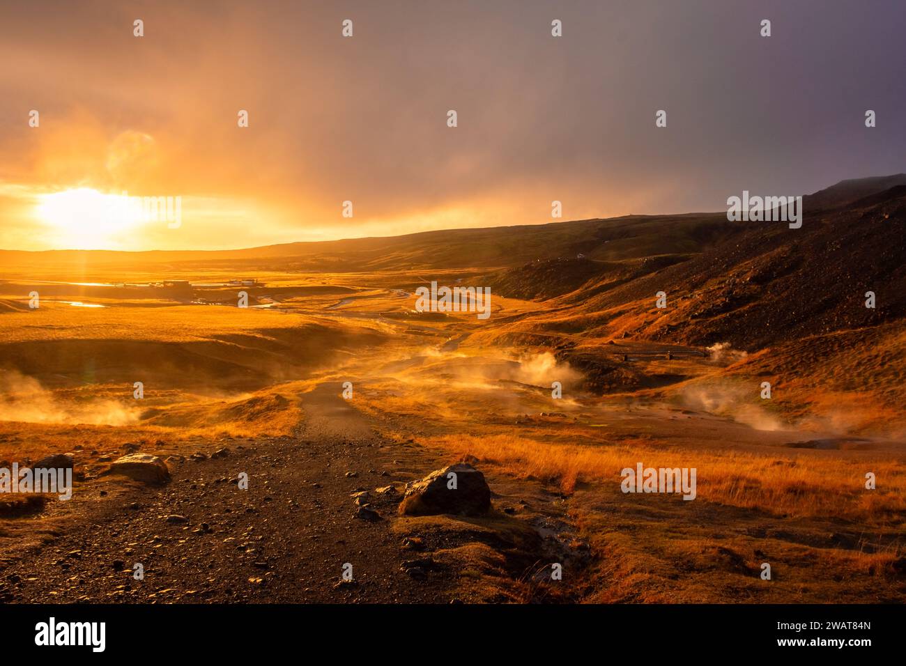 Paysage volcanique de Reykjadalur, vallée de vapeur avec des sources chaudes naturelles, Islande Banque D'Images