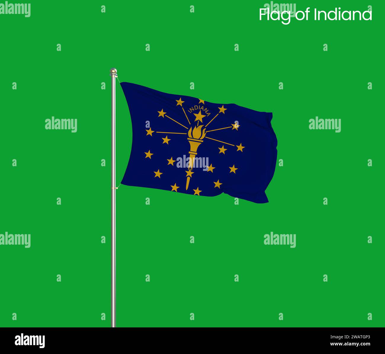 Drapeau détaillé élevé de l'Indiana. Drapeau de l'état de l'Indiana, drapeau national de l'Indiana. Drapeau de l'état Indiana. ÉTATS-UNIS. Amérique. Fond vert. Rendu 3D. Banque D'Images