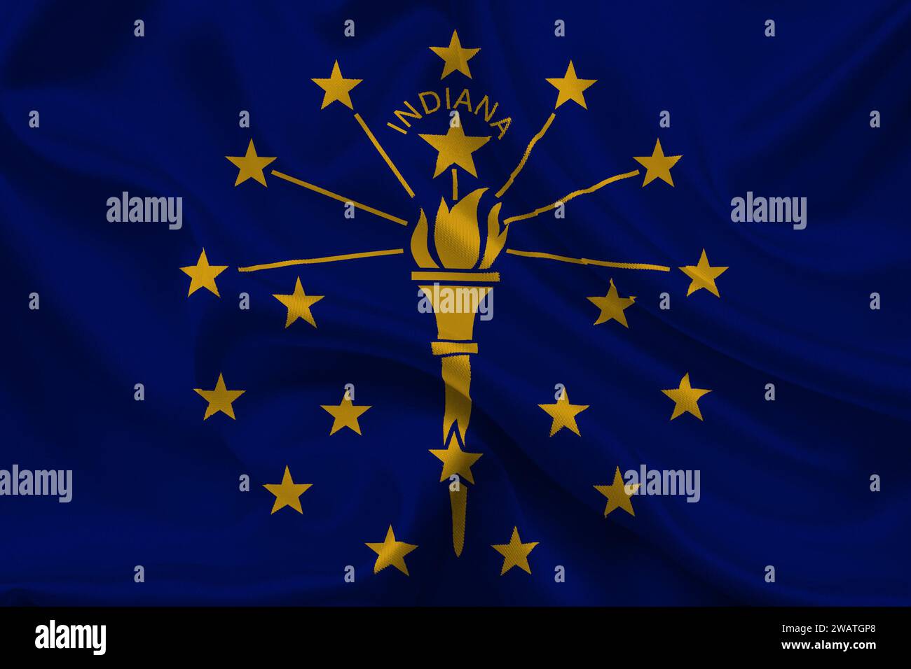 Drapeau détaillé élevé de l'Indiana. Drapeau de l'état de l'Indiana, drapeau national de l'Indiana. Drapeau de l'état Indiana. ÉTATS-UNIS. Amérique. Fond vert. Rendu 3D. Banque D'Images