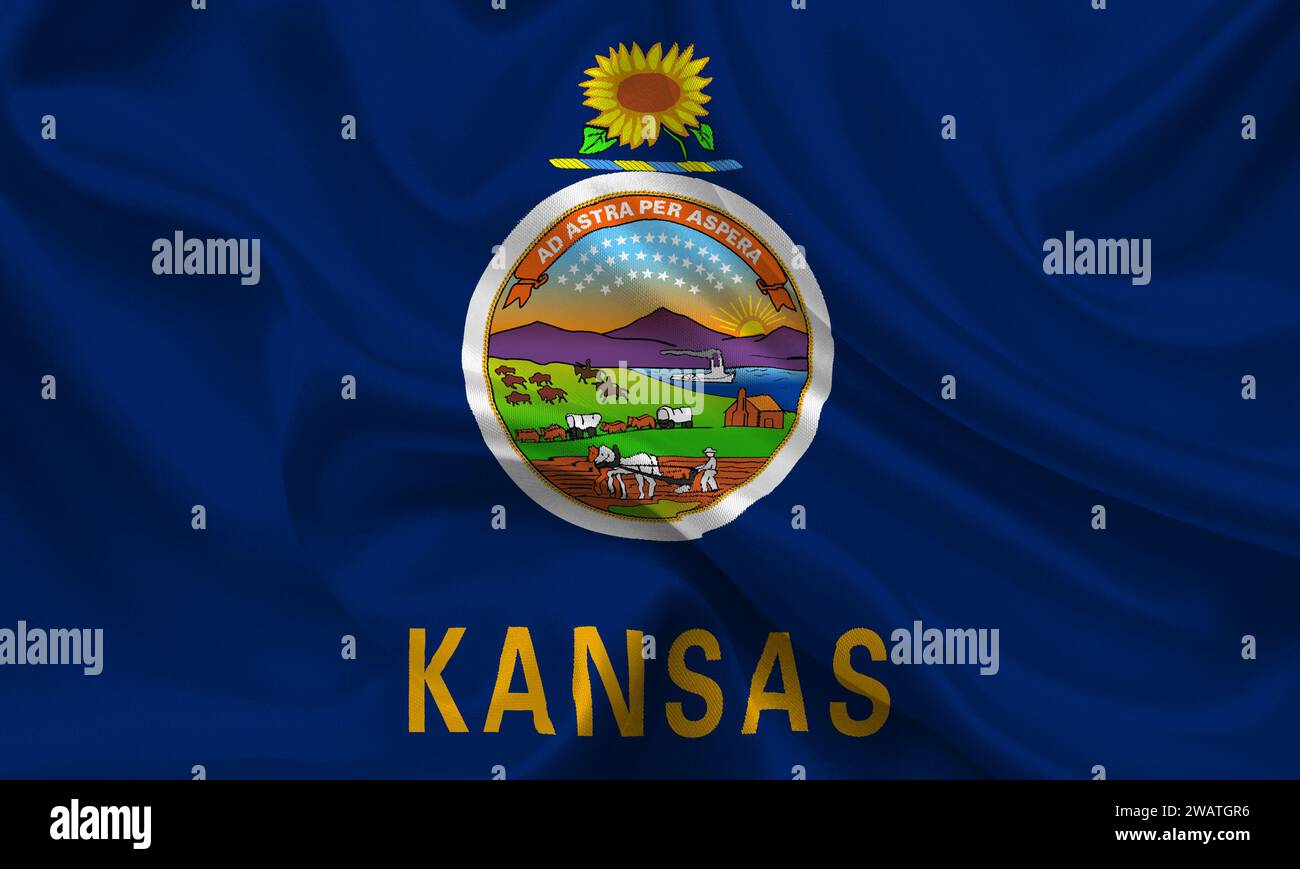 Drapeau haut détaillé du Kansas. Drapeau de l'État du Kansas, drapeau national du Kansas. Drapeau de l'état du Kansas. ÉTATS-UNIS. Amérique. Banque D'Images