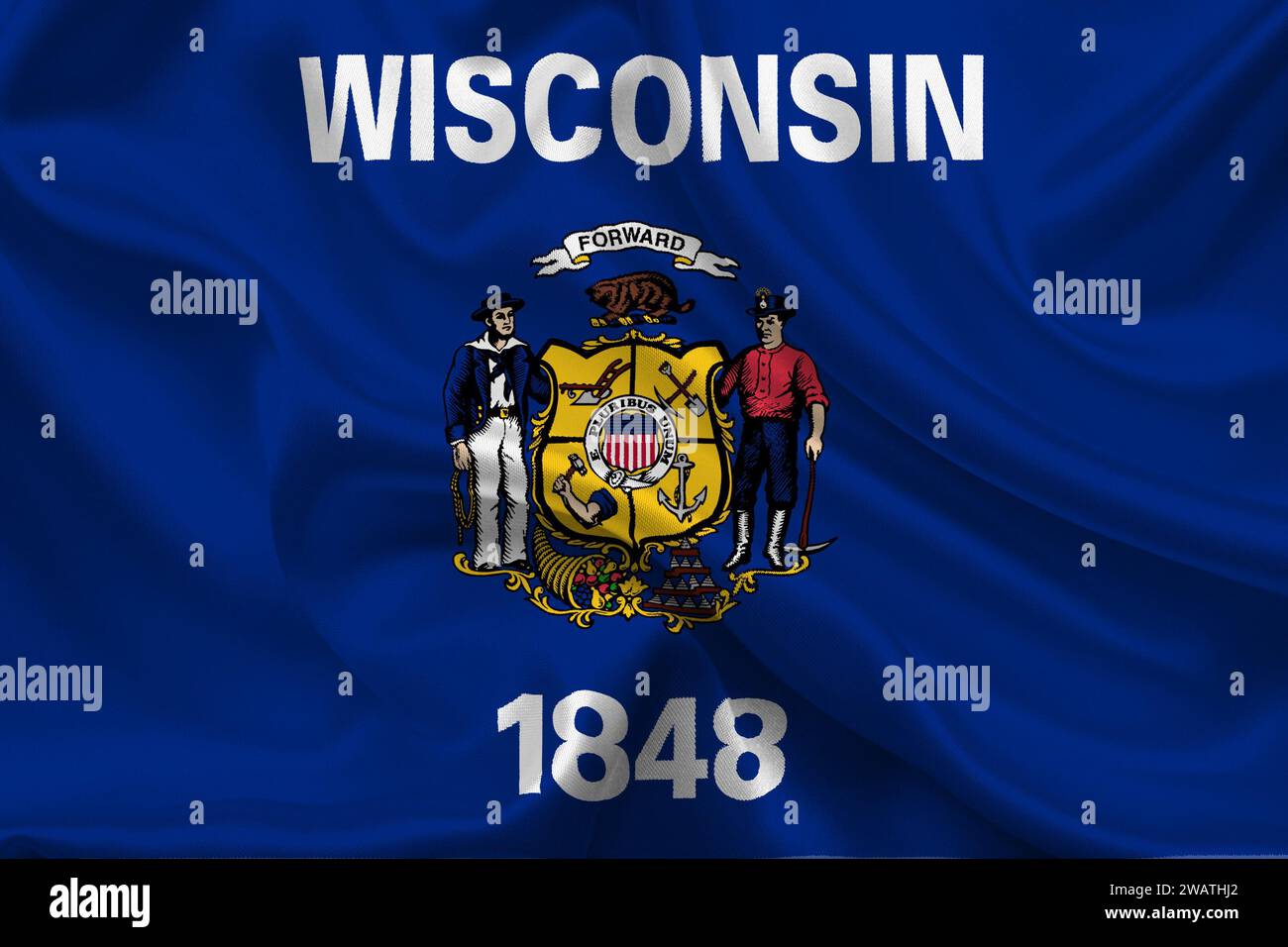 Drapeau détaillé élevé du Wisconsin. Drapeau de l'État du Wisconsin, drapeau national du Wisconsin. Drapeau de l'état Wisconsin. ÉTATS-UNIS. Amérique. Banque D'Images