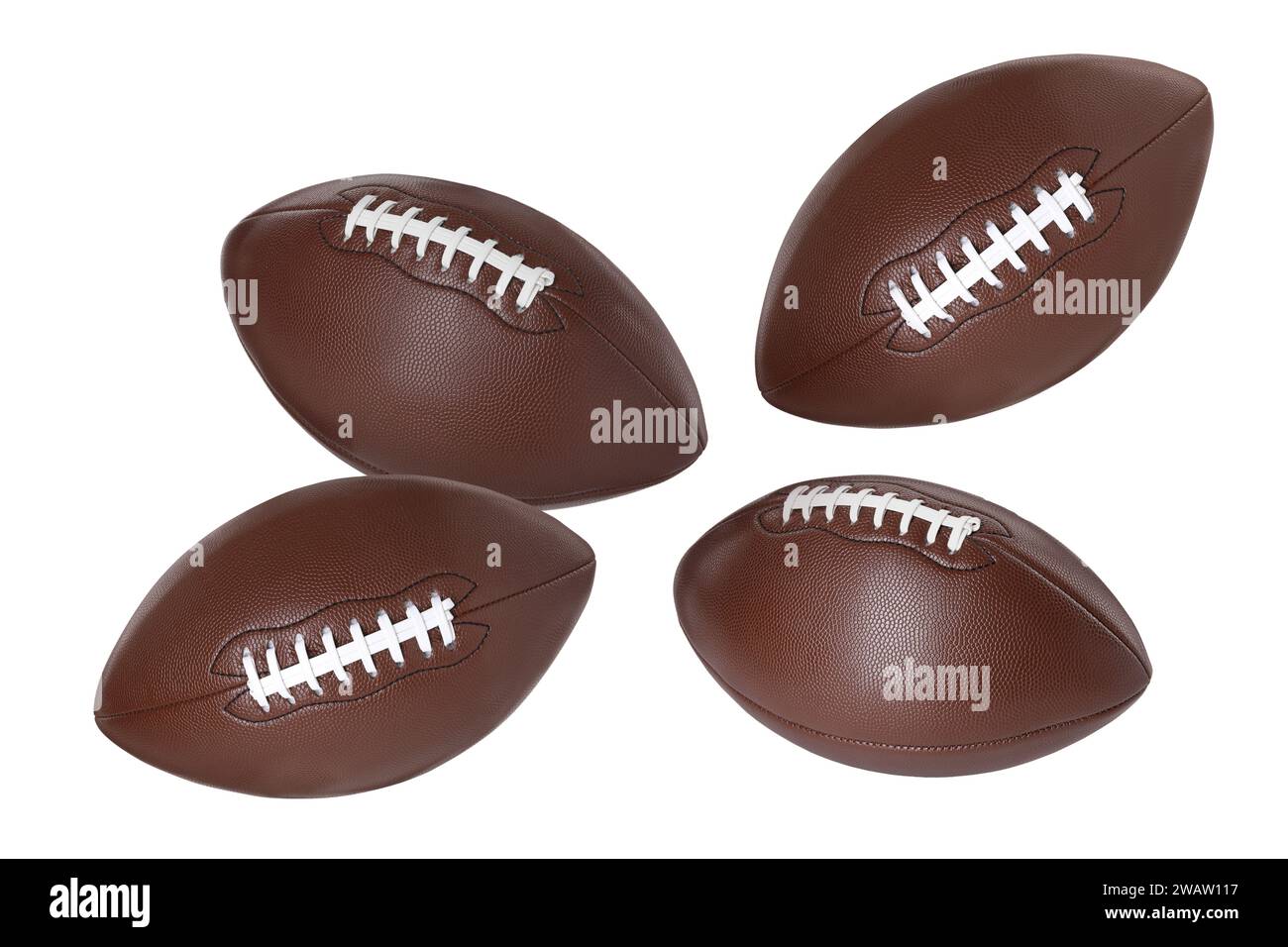 Beaucoup de balles de football américain volant sur fond blanc Banque D'Images