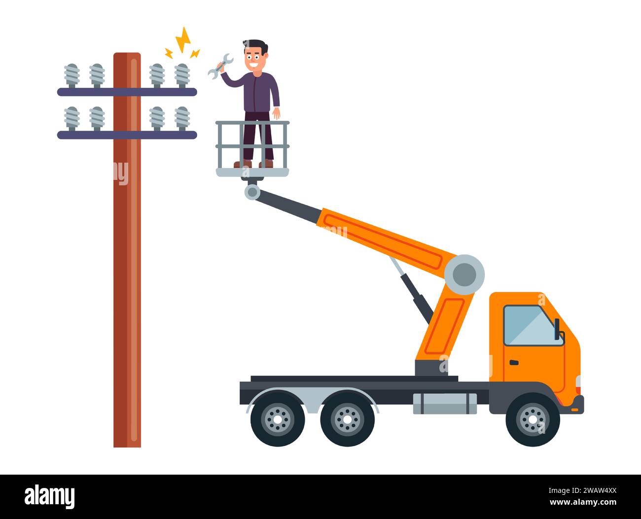homme réparant un poteau électrique. illustration vectorielle plate Illustration de Vecteur