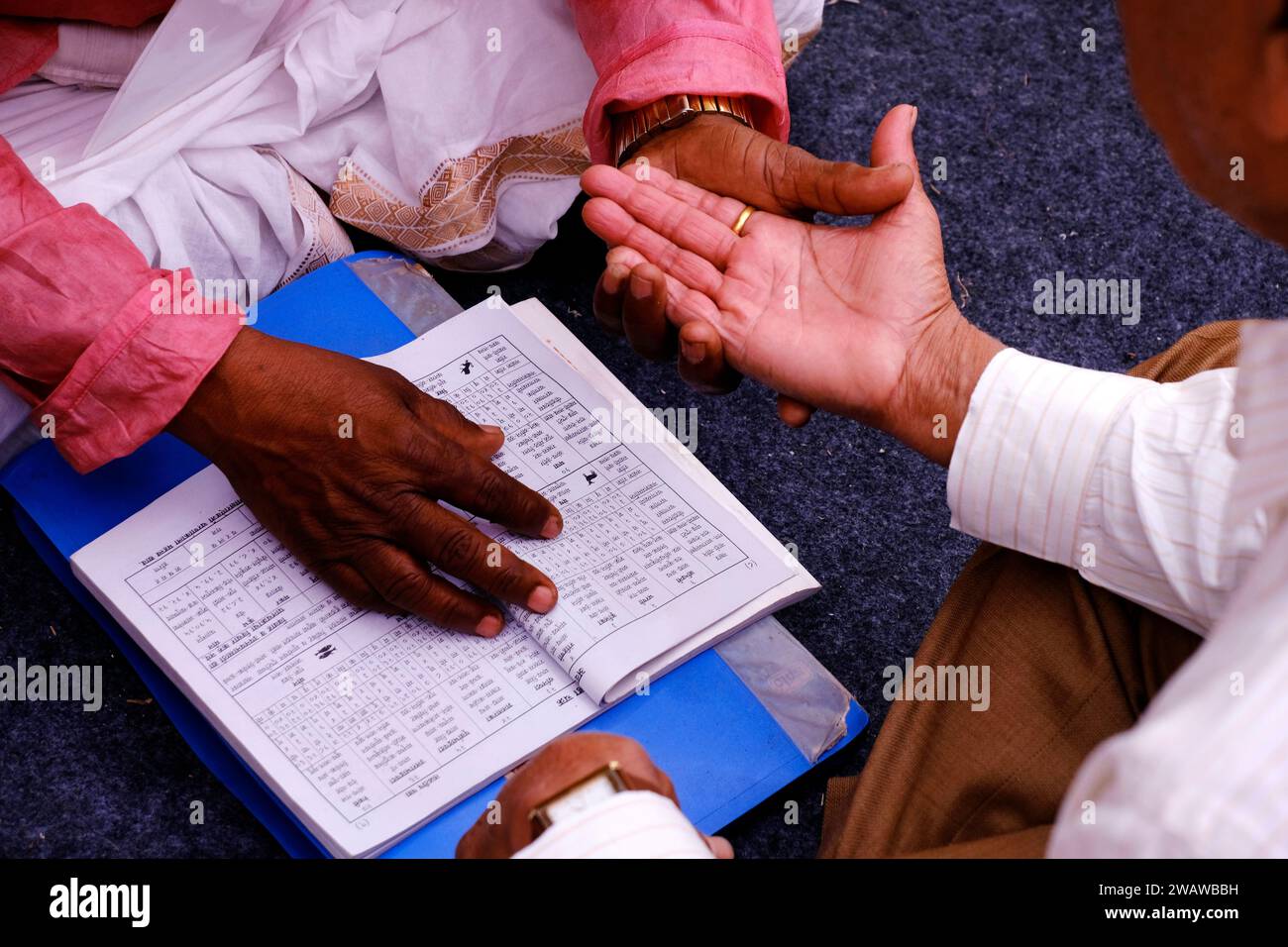 Pune, Maharashtra, Inde, Palmistry (Palm) Reading, Hast Rekha Reading, une personne connaissant son avenir en montrant les lignes de main sur sa main d'un Astro Banque D'Images