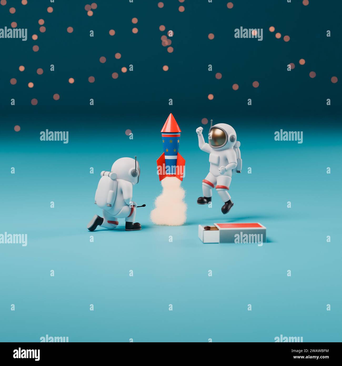 Deux astronautes célèbrent la nouvelle année en lançant un feu d'artifice de fusée Banque D'Images
