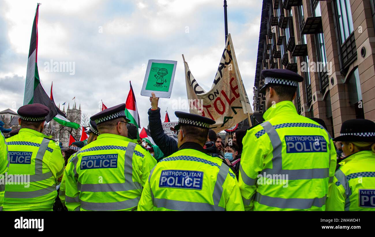 Londres, Royaume-Uni - 6 janvier 2023 : manifestation pro-palestinienne dans le centre de Londres. Banque D'Images