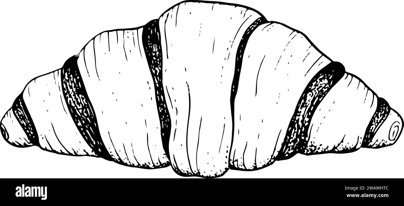 Vecteur chocolat croissant français pour le déjeuner et le petit déjeuner dessin d'illustration noir et blanc. Pâtisserie fraîche de boulangerie Illustration de Vecteur