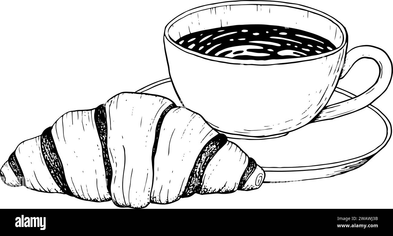 Tasse à café avec chocolat et croissant français vecteur illustration noir et blanc pour pause café, petit déjeuner Illustration de Vecteur