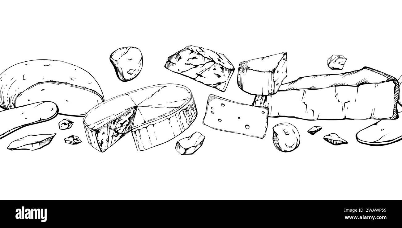 Illustration à l'encre vectorielle dessinée à la main. Assortiment de fromage mozzarella parmesan edam emmental gruyere gorgonzola. Bordure sans couture isolée sur blanc Illustration de Vecteur