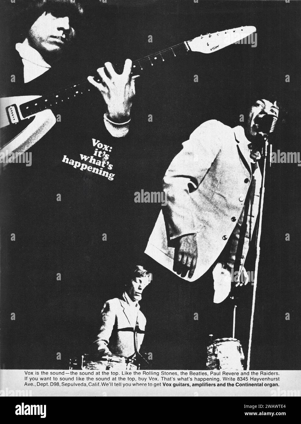 Une publicité pour les amplificateurs Vox avec Mick Jagger et les Rolling Stones. D'un magazine de musique du milieu des années 1960. Banque D'Images