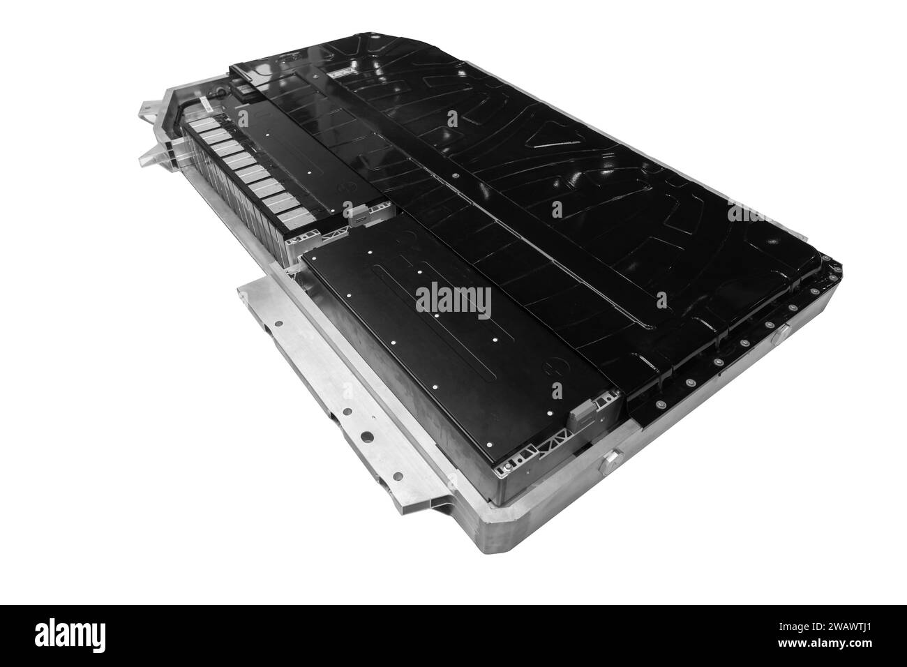 Module de batterie de magasin de voiture EV isolé sur blanc. Système d'alimentation de véhicule électrique de haute énergie de sécurité pour les voitures électriques modernes. Banque D'Images