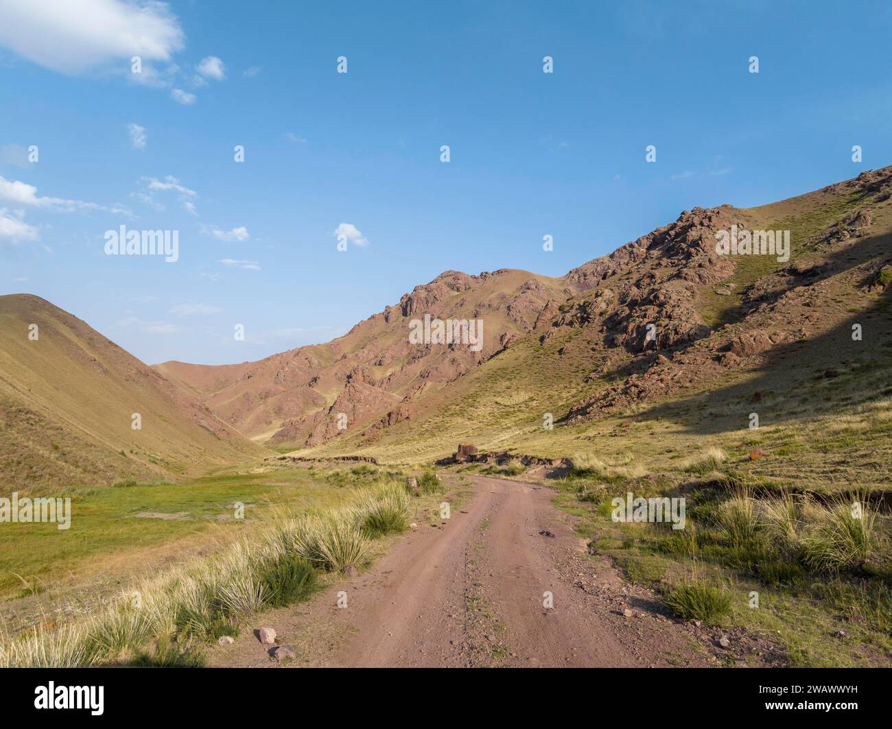 Route de gravier à travers une vallée de montagne, région de Naryn, Kirghizistan Banque D'Images