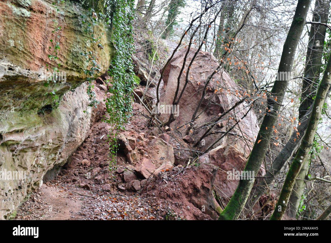 Im unteren Felsenweg in Saarbrücken Hat sich ein Teil der Felswand gelöst, ein Stein mit mindestens 150 Tonnen Gewicht liegt am Donnerstag 4.1.2024 schräg im Hang und kann jede Sekunde abrutschen. *** Dans le bas Felsenweg à Saarbrücken, une partie de la paroi rocheuse s'est détachée, une pierre pesant au moins 150 tonnes se trouve en diagonale dans la pente le jeudi 4 1 2024 et pourrait glisser à n'importe quel deuxième coup Banque D'Images