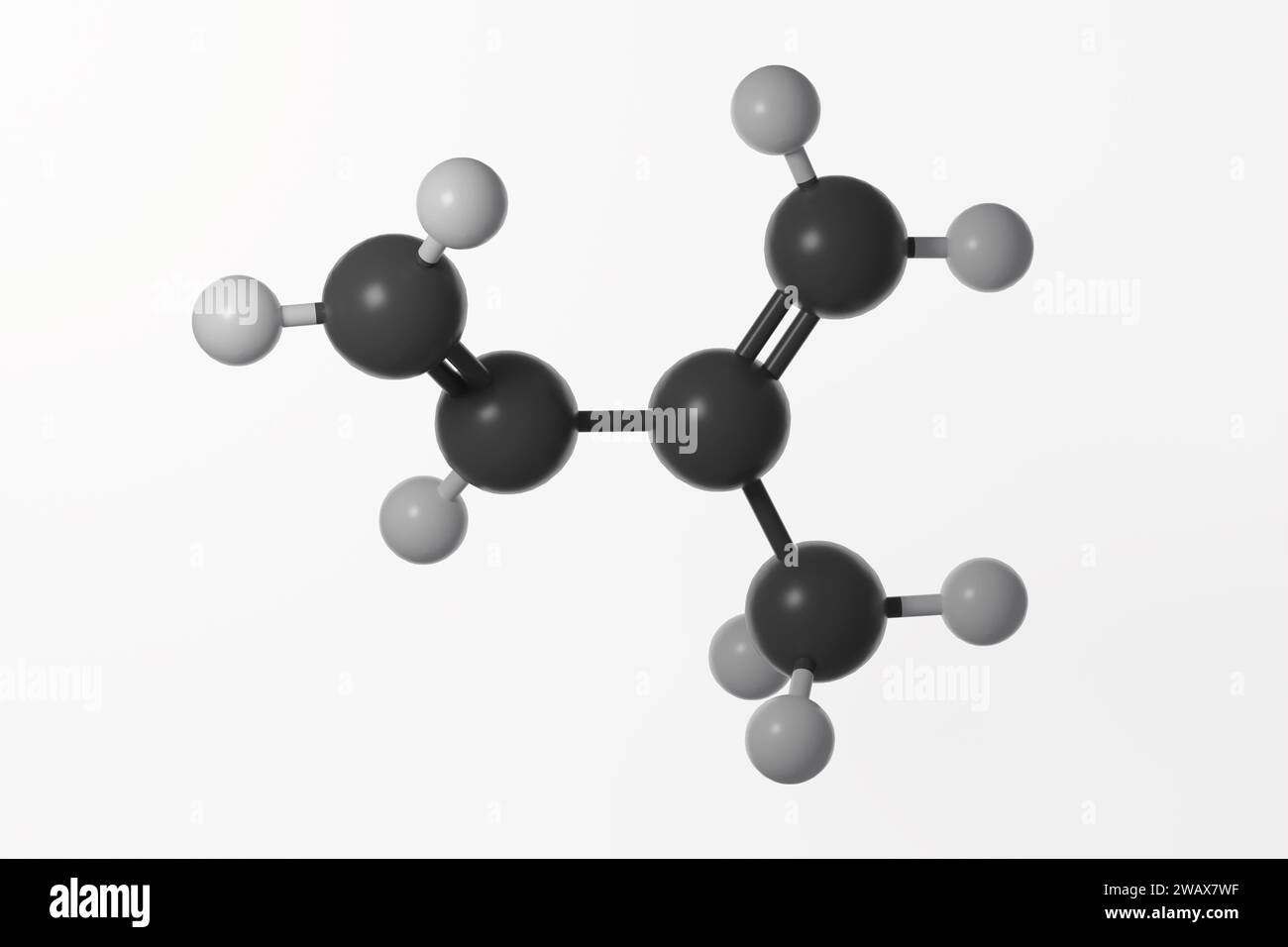 Modèle bille et bâton de molécule d'isoprène avec doubles liaisons montré, sur fond blanc Banque D'Images