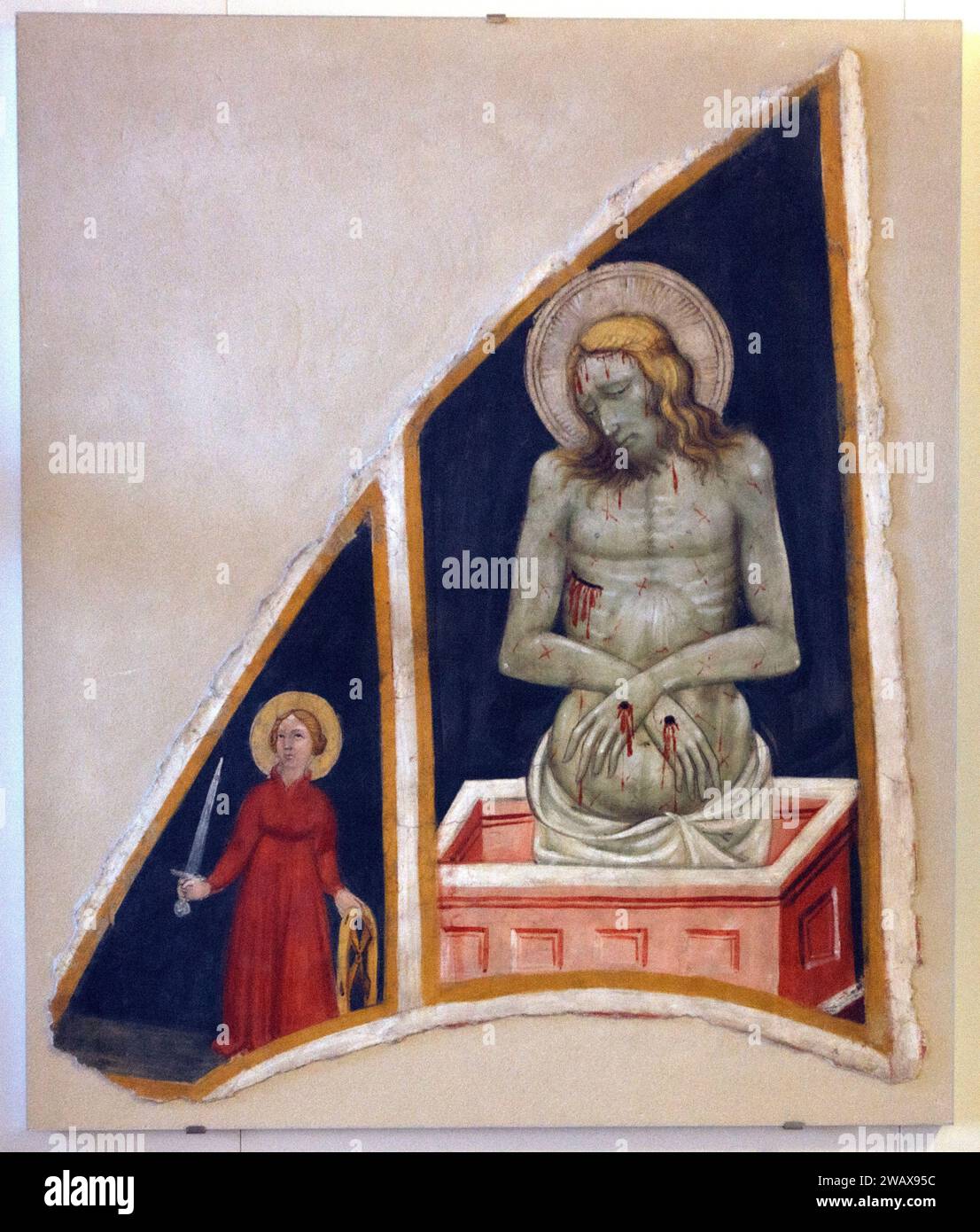 Italie Ombrie Foligno : Palazzo Trinci. Abrite une galerie d'art et un musée archéologique. Christ en pitié. Sainte Catherine d'Alexandrie. Fin du 14e siècle. Fresco détaché Banque D'Images