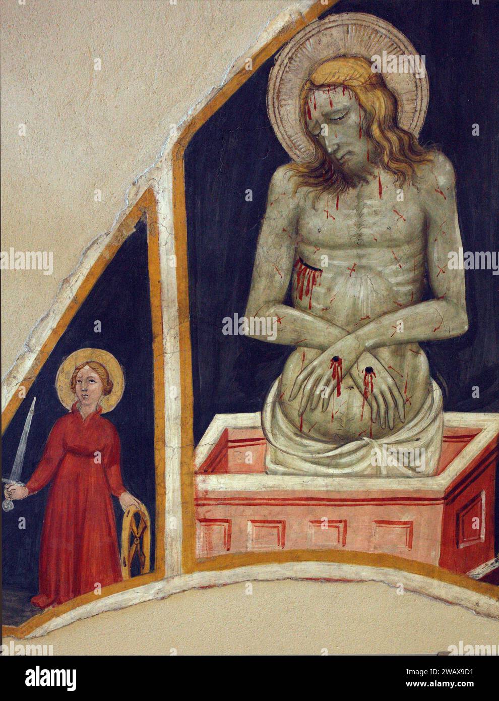 Italie Ombrie Foligno : Palazzo Trinci. Abrite une galerie d'art et un musée archéologique. Christ en pitié. Sainte Catherine d'Alexandrie. Fin du 14e siècle. Fresco détaché Banque D'Images