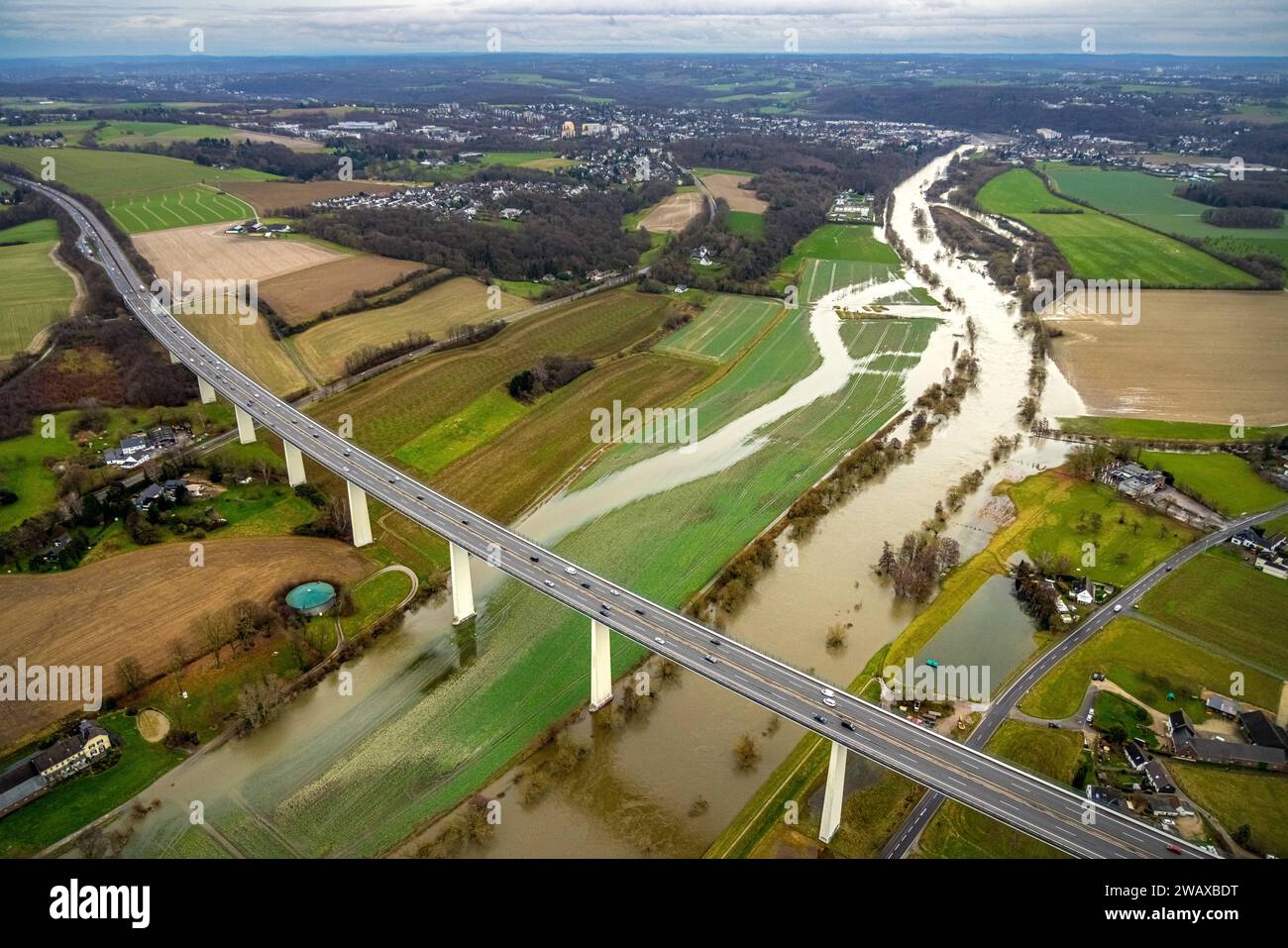 Luftbild, Ruhrhochwasser, Weihnachtshochwasser 2023, Fluss Ruhr tritt