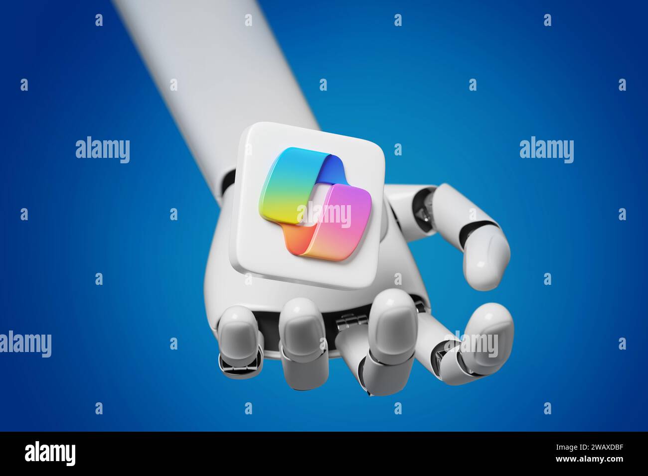 Buenos Aires, Argentine - 7 janvier 2024 : Singe robotique tenant une icône de logo de copilote. illustration 3d. Banque D'Images