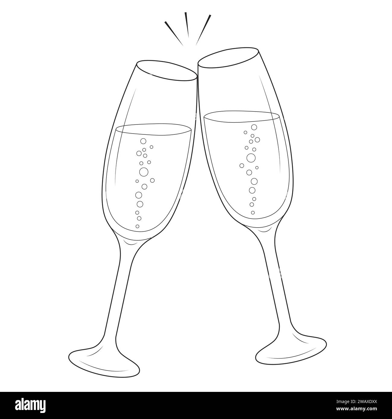 Clin de champagne cours de fête au design plat. Noir et blanc. Dessin au trait Illustration vectorielle Illustration de Vecteur