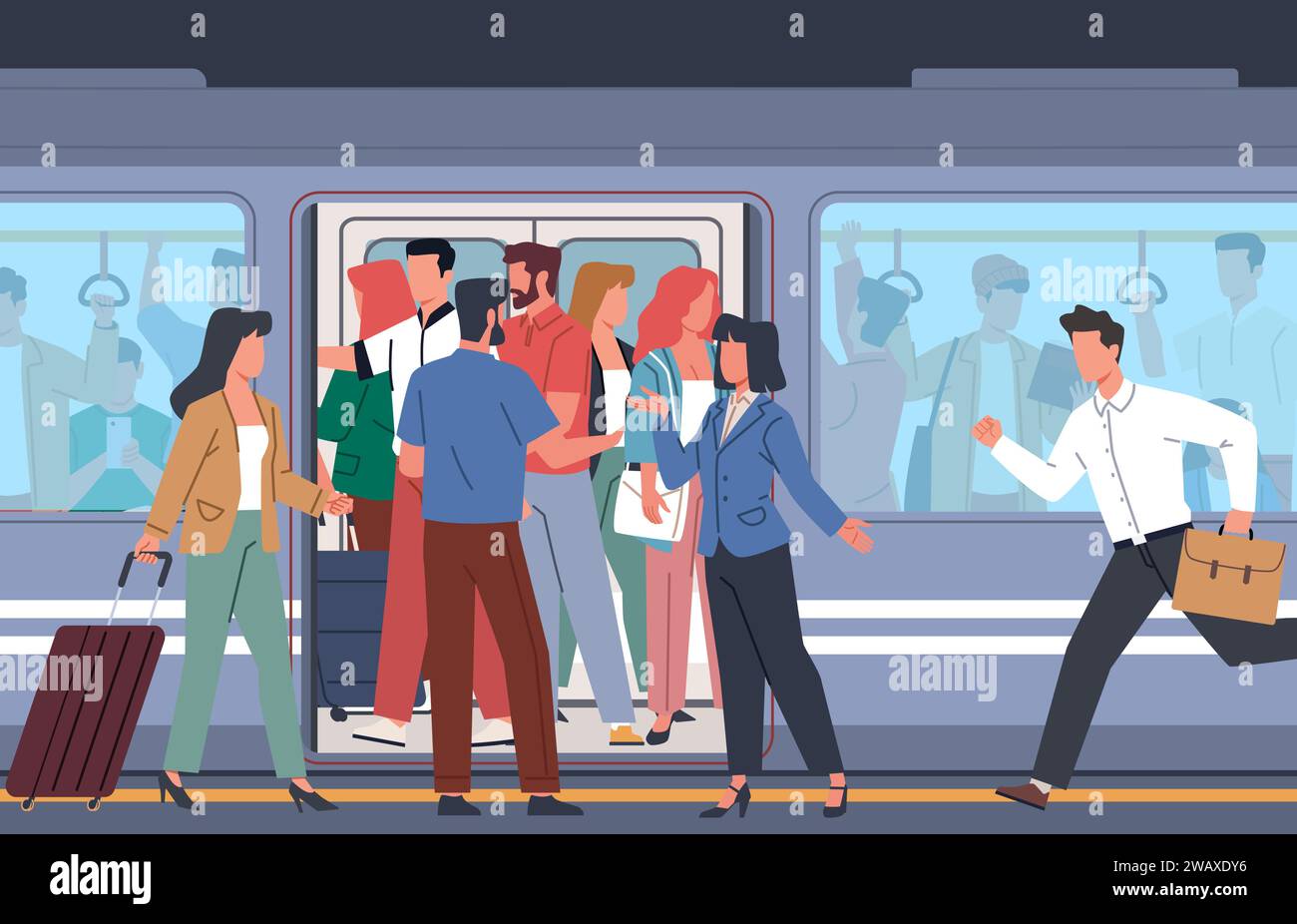 Voiture de métro bondée de gens pendant les heures de pointe. Transports urbains souterrains. Des hommes, des femmes et des enfants dans les navetteurs ferroviaires. En attendant l'arrivée du train Illustration de Vecteur