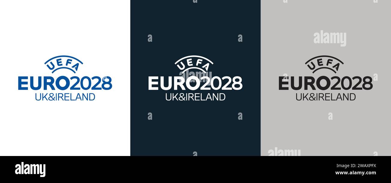 UEFA Euro 2028 au Royaume-Uni et en Irlande couleur Noir et blanc 3 style logo tournoi européen de football professionnel, illustration vectorielle Résumé éditable i Illustration de Vecteur