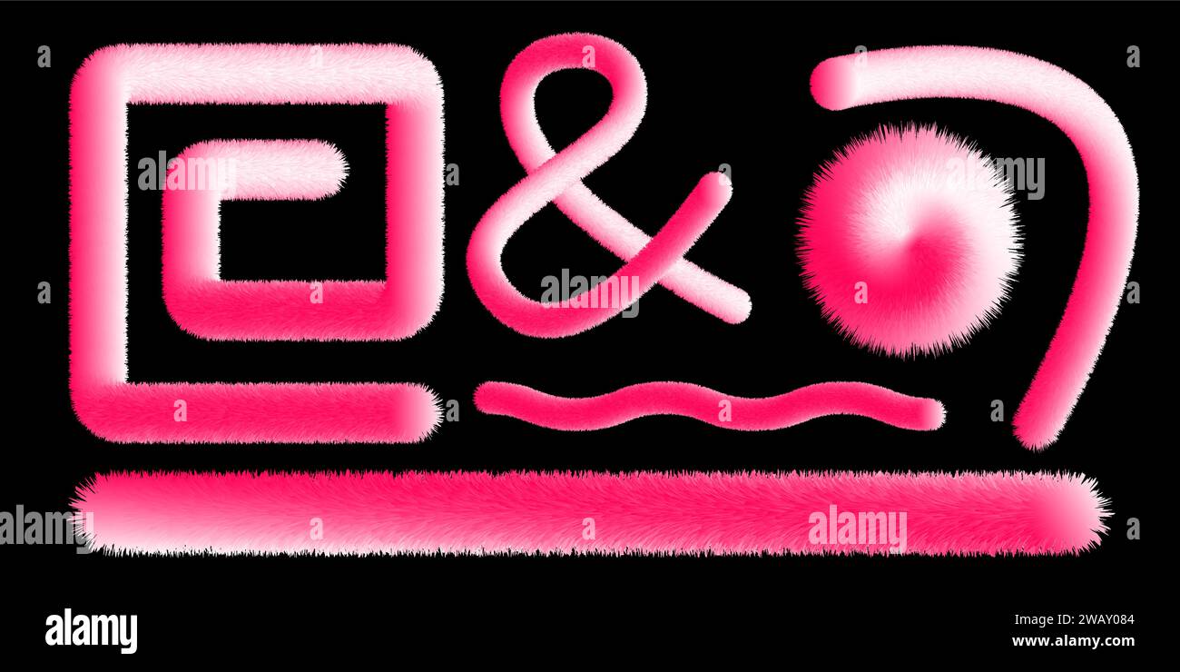 Éléments moelleux de dessins animés colorés. Coeur de fourrure. Vecteur isolé sur fond noir. Coeurs et étoiles en fourrure. Illustration de Vecteur