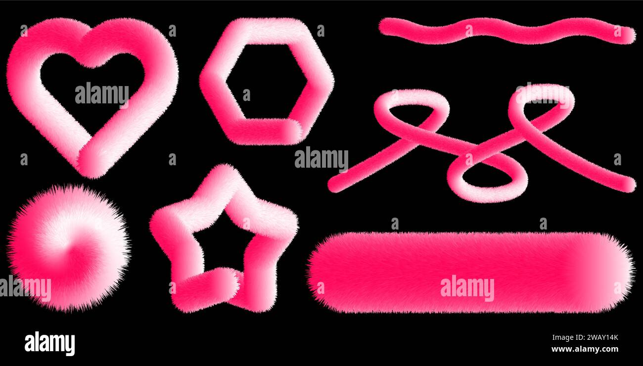 Éléments moelleux de dessins animés colorés. Coeur de fourrure. Vecteur isolé sur fond noir. Coeurs et étoiles en fourrure. Illustration de Vecteur