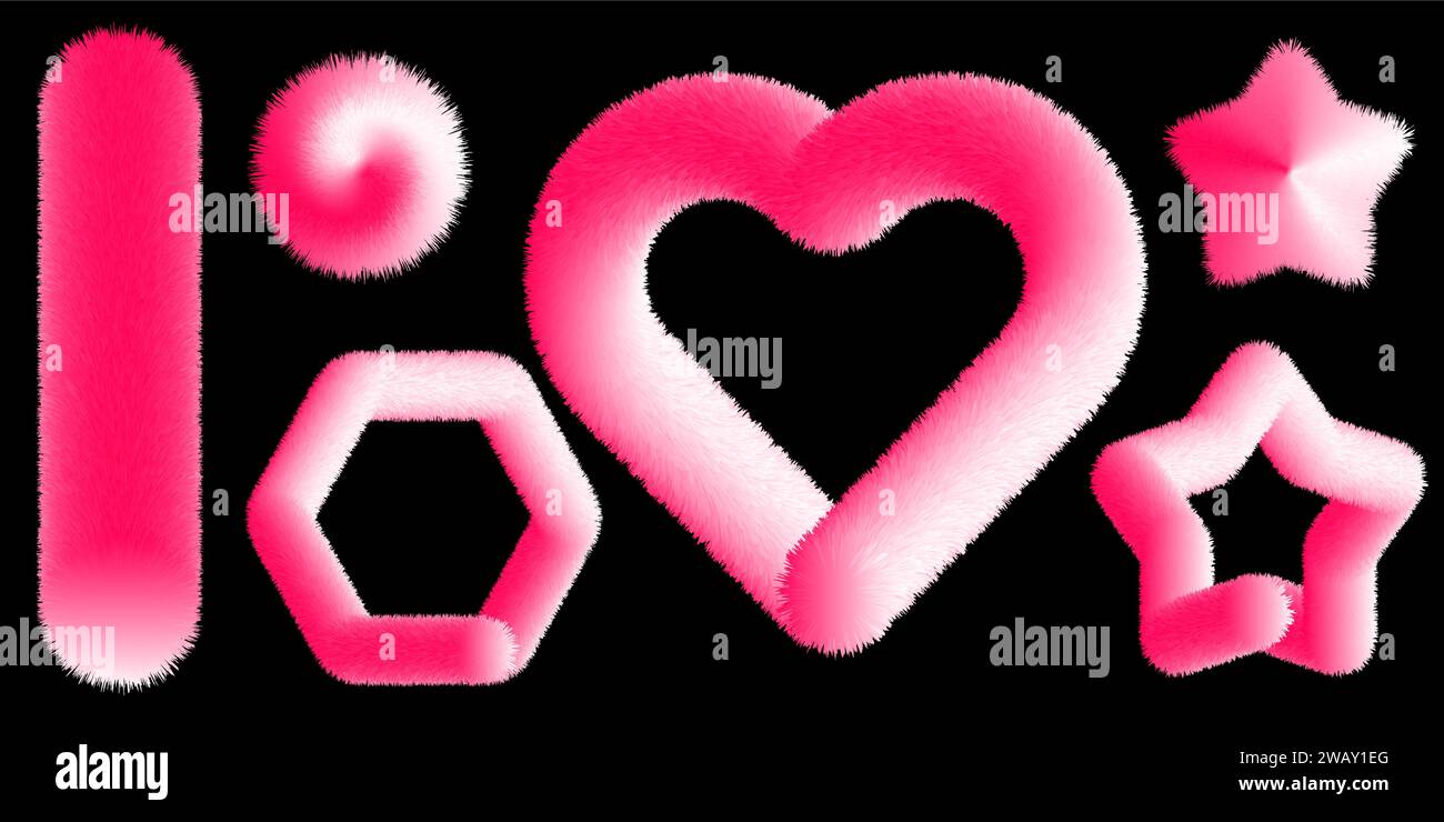 Éléments moelleux de dessins animés colorés. Coeur de fourrure. Vecteur isolé sur fond noir. Coeurs et étoiles en fourrure. Illustration de Vecteur