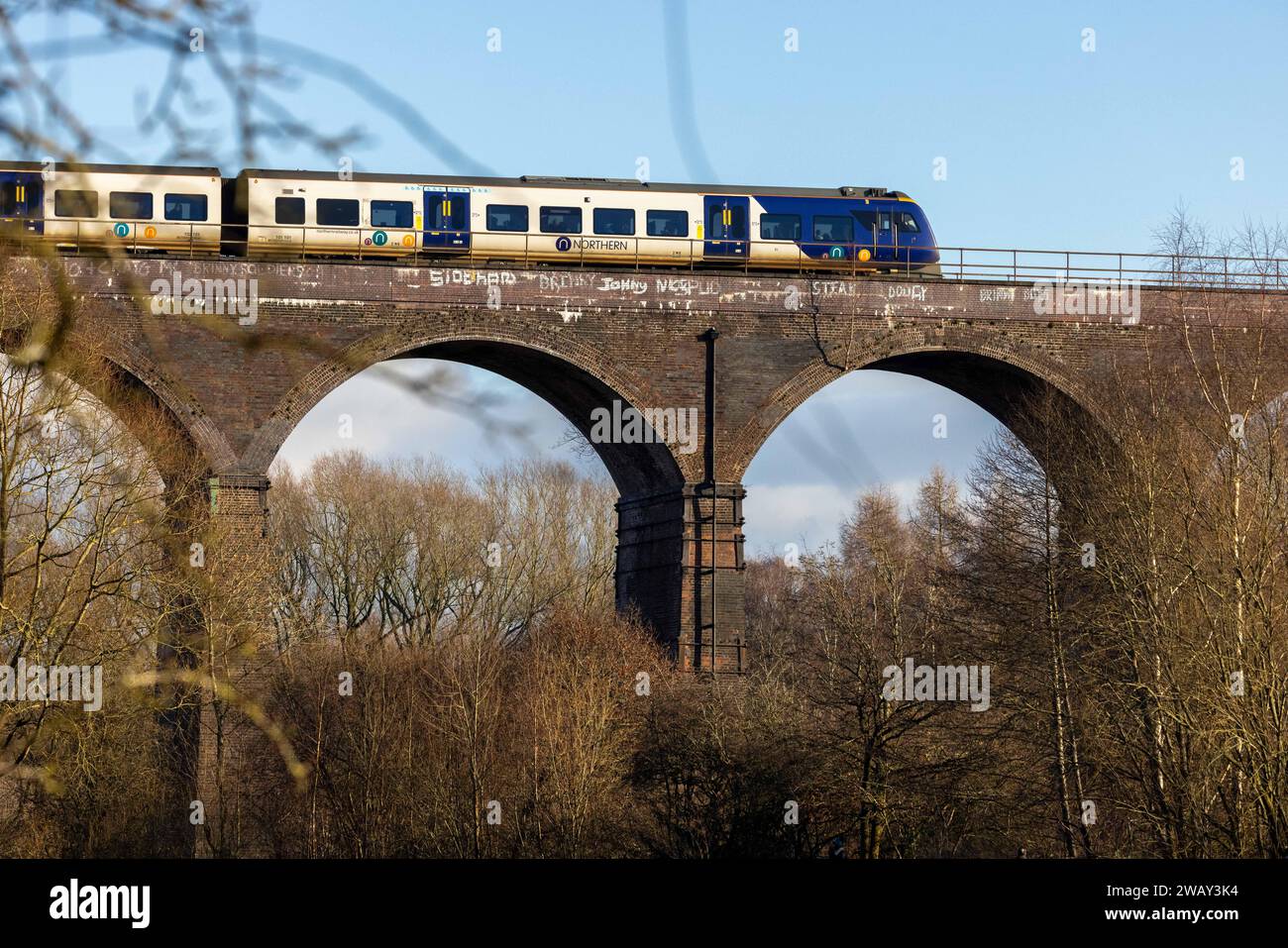 Train du nord sur le viaduc Reddish Vale, Stockport. Banque D'Images