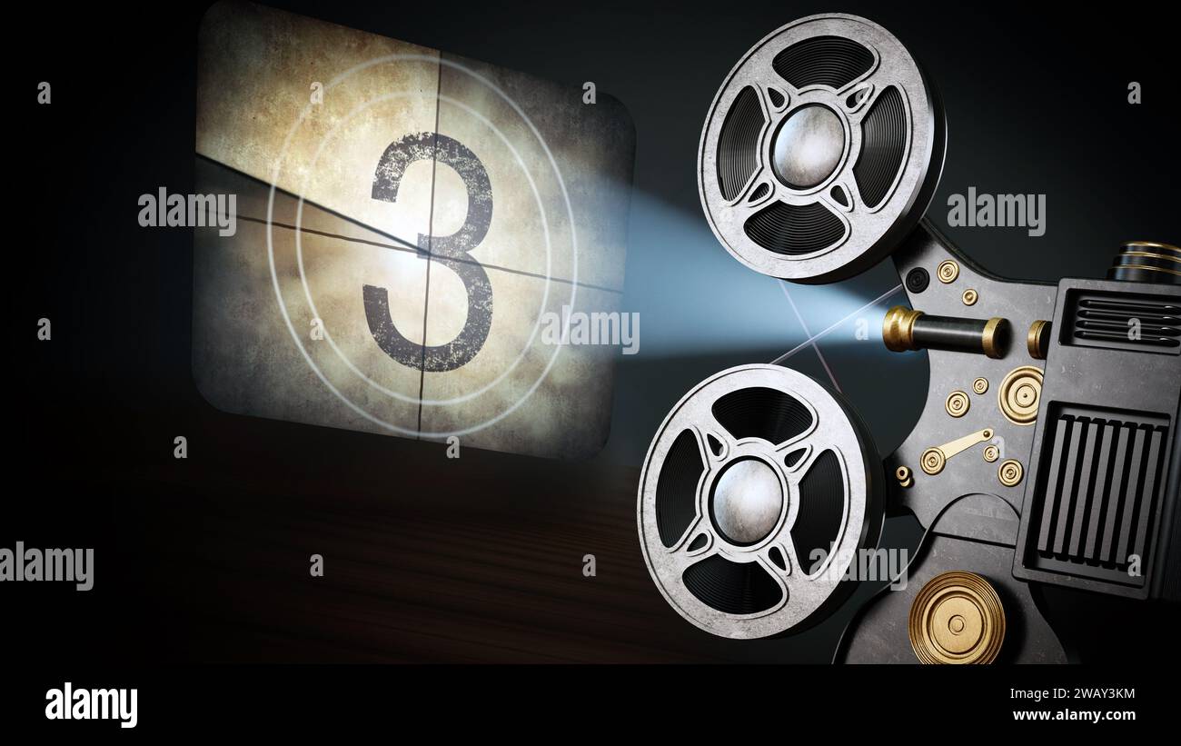 Le projecteur de cinéma vintage projette un écran de compte à rebours. Illustration 3D. Banque D'Images