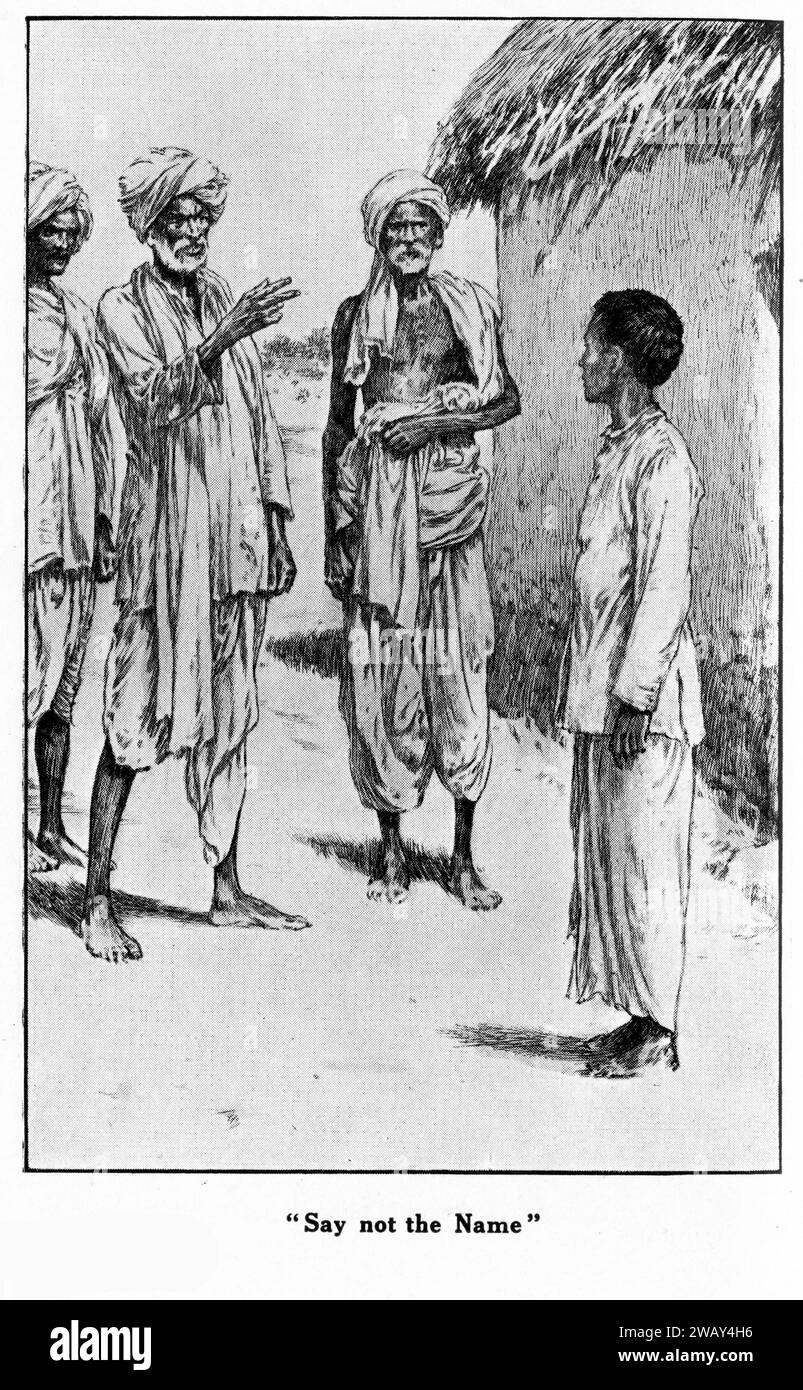 Gravure d'un jeune chrétien menacé par les anciens d'un village en Inde, vers 1928. Banque D'Images