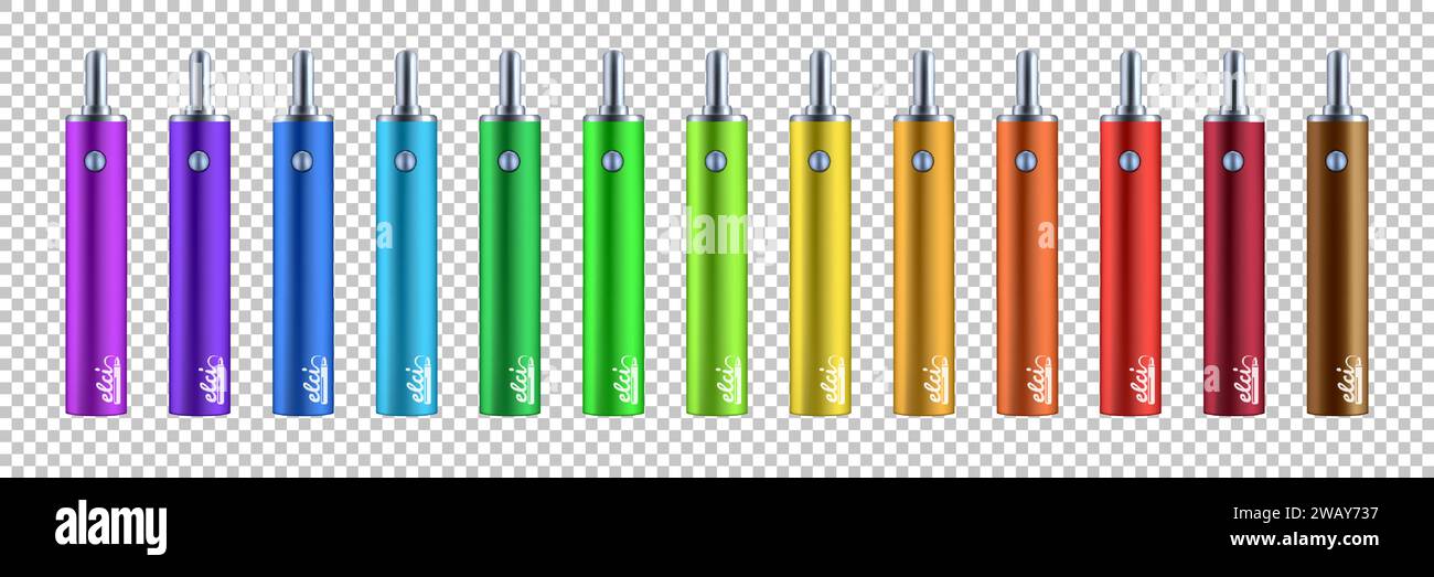 Saveurs de vape. Conception de cigarette électronique. Dépendance à la nicotine. Accessoire pour fumer alternatif. Vaporisateurs de différentes couleurs. Stylo analogique narguilé ou nacelle électrique pour fumée de tabac. Jeu de vecteurs e-cigarettes Illustration de Vecteur