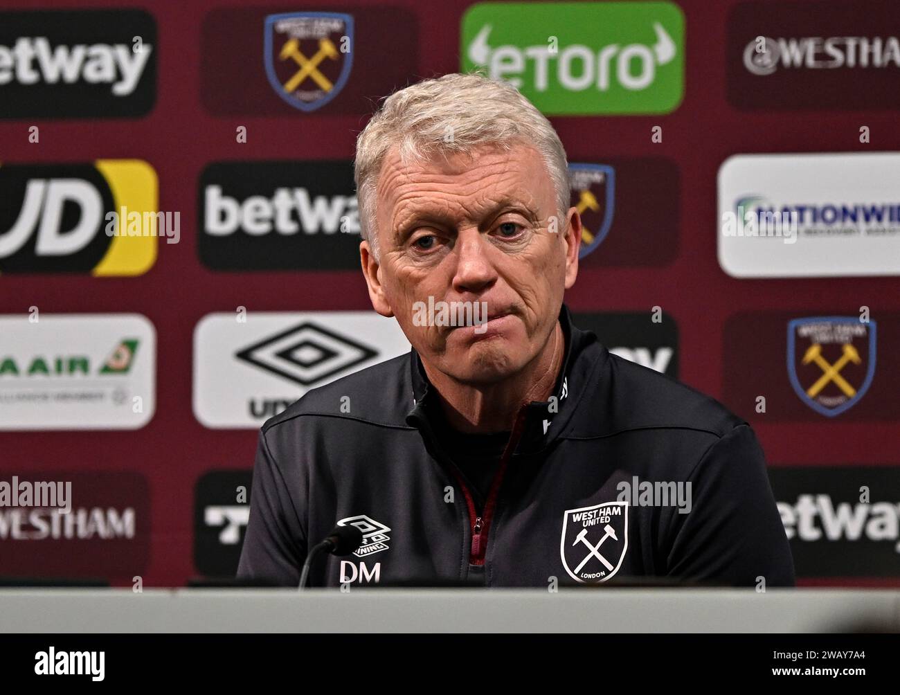 Londres, Royaume-Uni. 7 janvier 2024. David Moyes (Manager de West Ham) dans l'interview d'après-match lors du match du 3e tour de la FA Cup West Ham V Bristol City Emirates au London Stadium. Cette image est réservée À UN USAGE ÉDITORIAL. Licence requise de The football DataCo pour toute autre utilisation. Crédit : MARTIN DALTON/Alamy Live News Banque D'Images