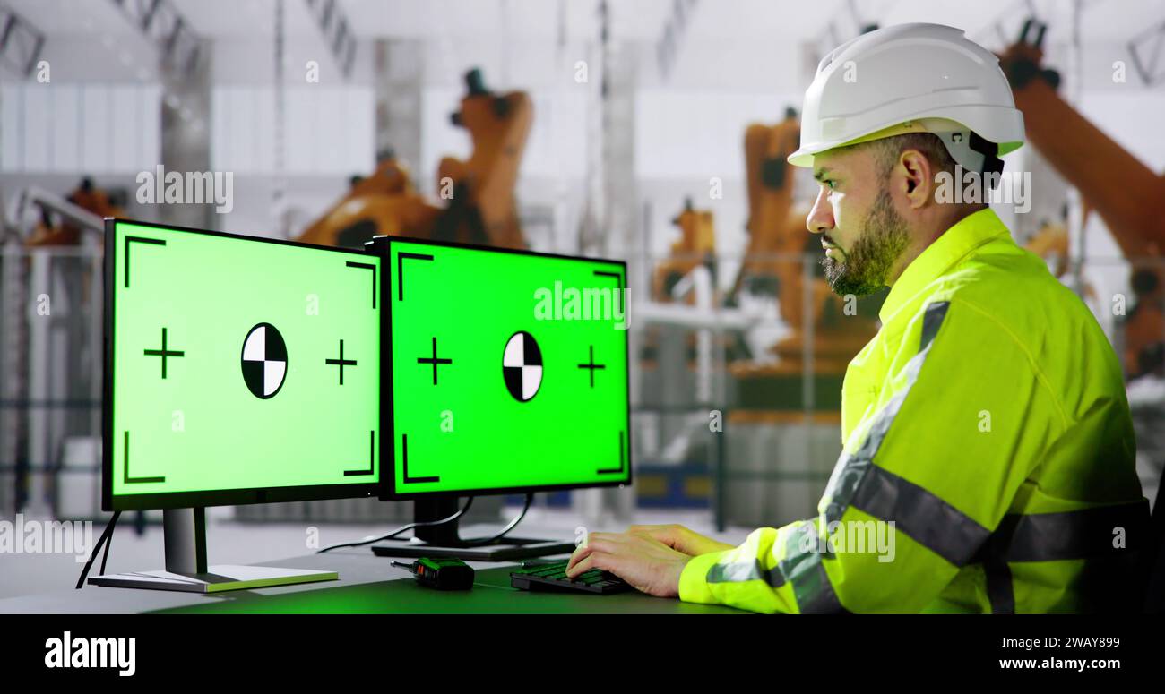 Ingénieur utilisant le moniteur de PC avec l'écran vert dans Modern car Factory Banque D'Images Ingénieur utilisant le moniteur de PC avec l'écran vert dans Modern car Factory Banque D'Images