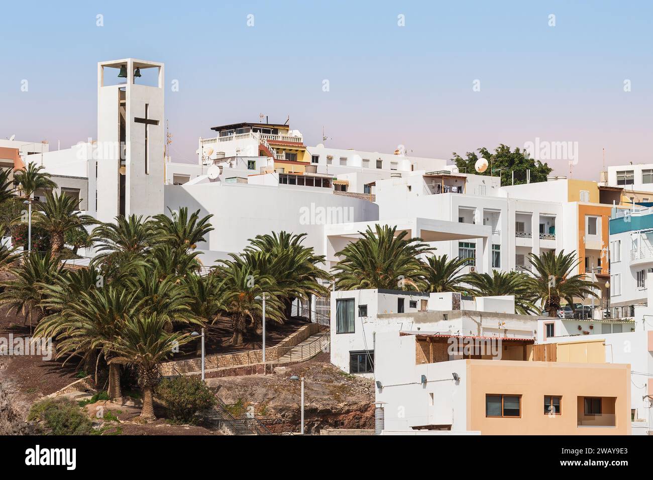 Morro Jable sur l'île canarienne de Fuerteventura, Espagne. La ville est située sur la péninsule de Jandía, municipalité de Pájara. Banque D'Images