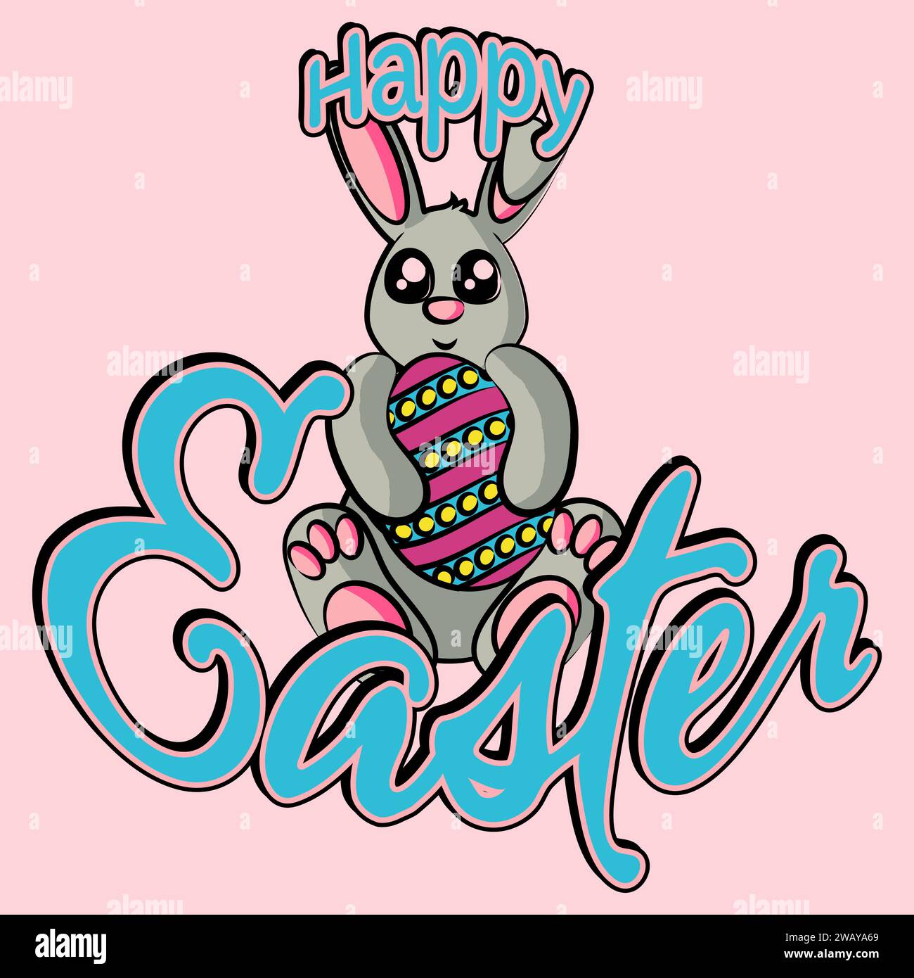 Lapin de Pâques mignon coloré tenant un œuf de Pâques avec texte de Pâques joyeux dans un style Cartoon Illustration de Vecteur