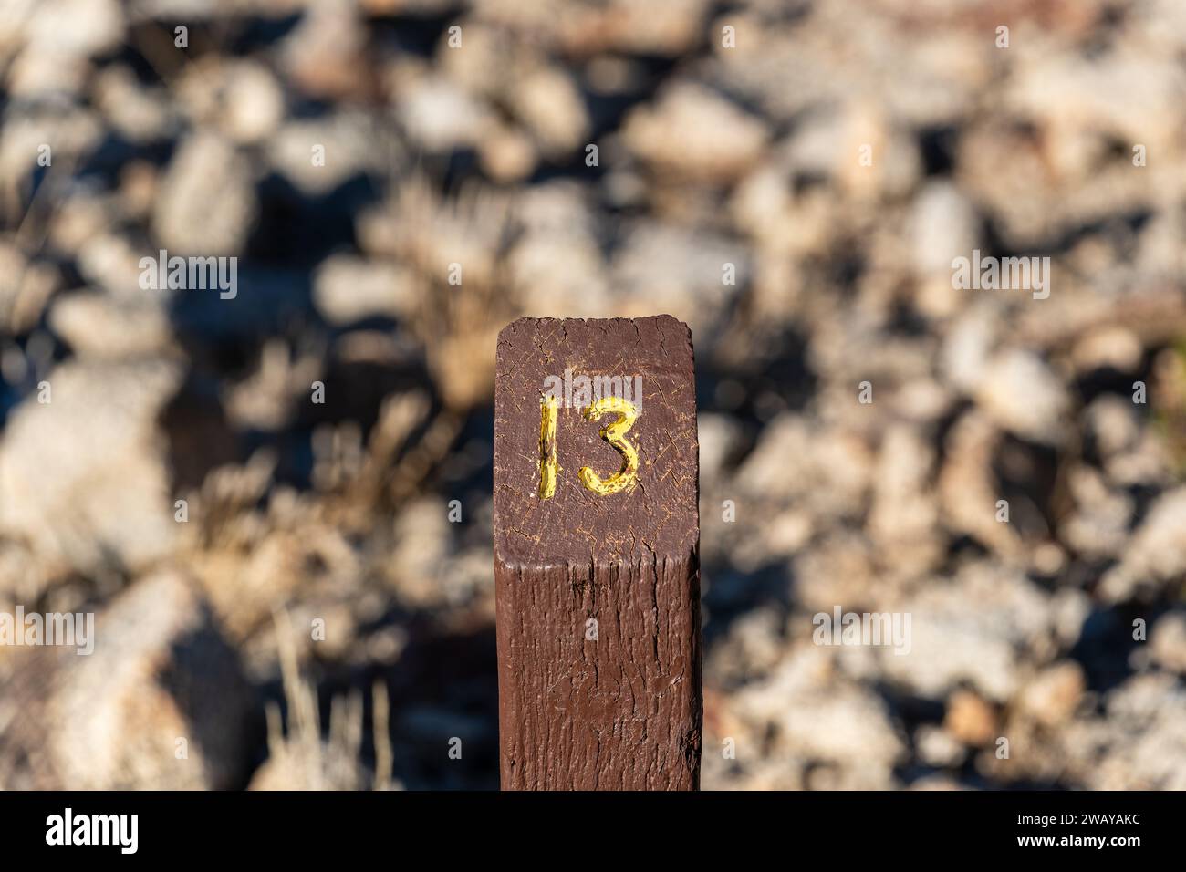 Trail Mile Marker numéro trois (3) sculpté sur un poteau en bois et peint en jaune Banque D'Images