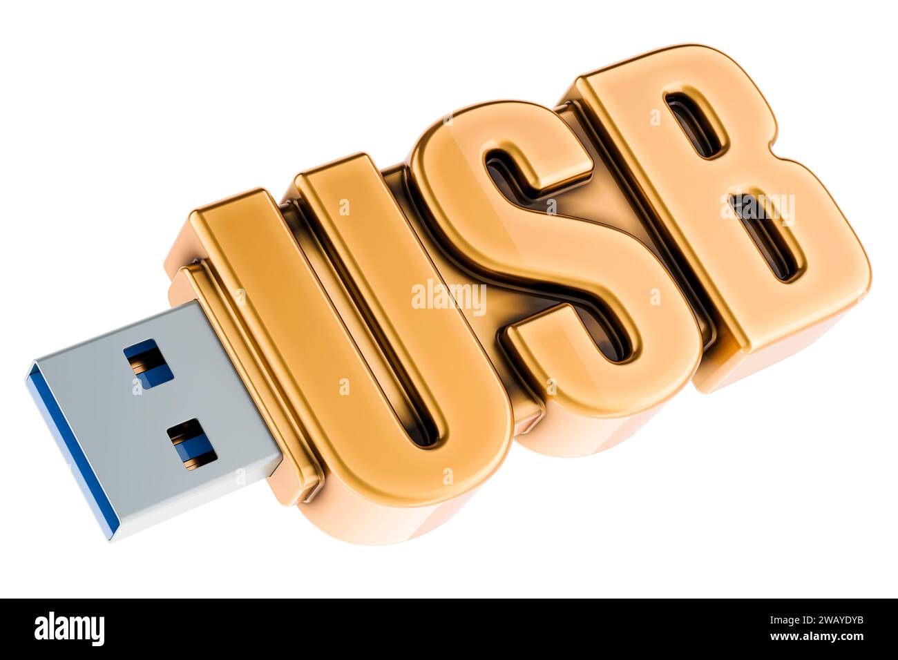 Clé USB, dorée. Rendu 3D isolé sur fond blanc Banque D'Images