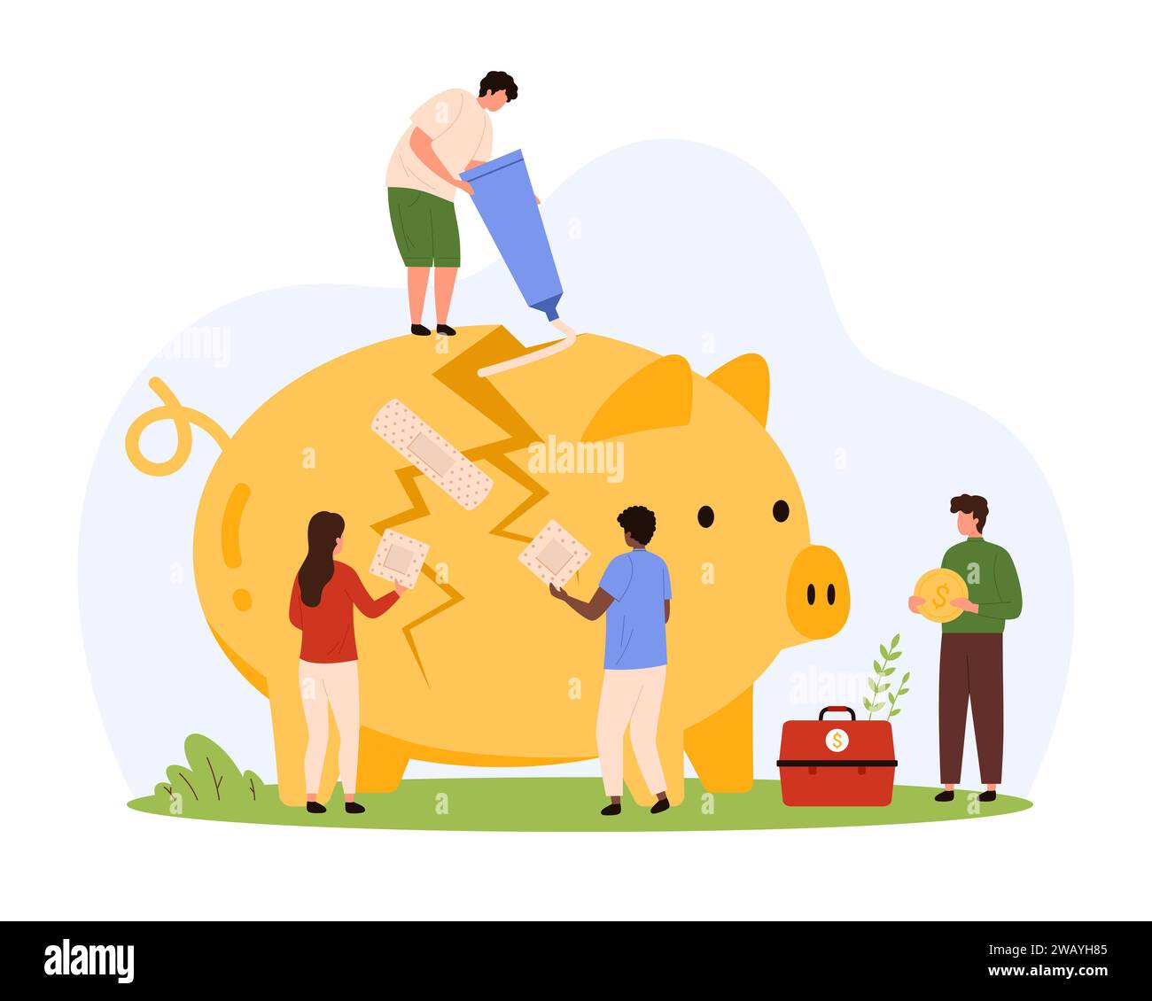 Crash économique, crise financière et problème d'inflation, faillite. Petites personnes réparent tirelire cassée avec de la colle et du ruban adhésif, boîte à monnaie fixe avec illustration vectorielle de dessin animé d'épargne Illustration de Vecteur