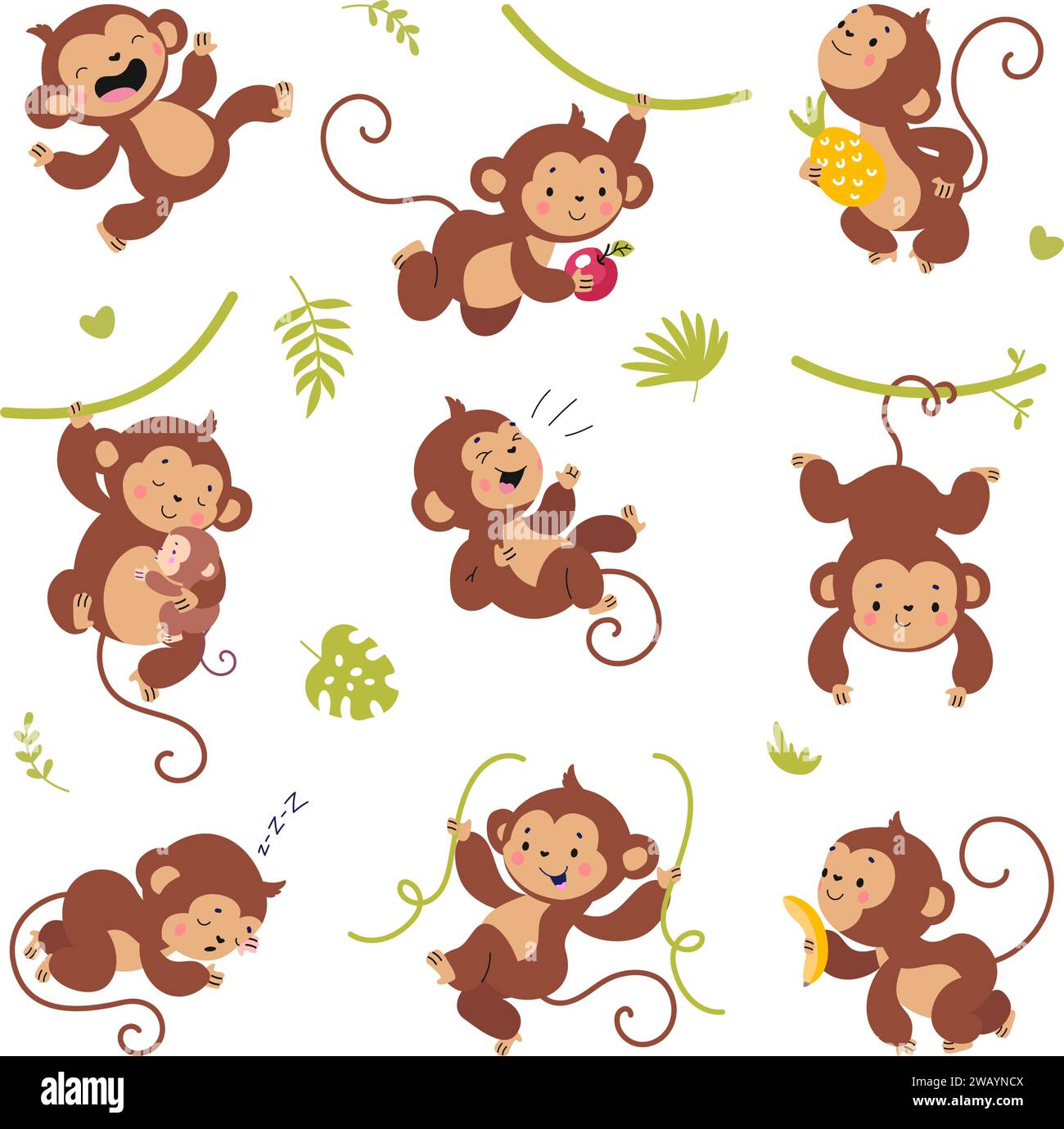 Personnages de singes mignons. Singes de dessin animé enfantin, primates isolés accrochent sur la vigne dans différentes poses. Clipart vecteur d'animaux tropicaux sauvages nowaday Illustration de Vecteur