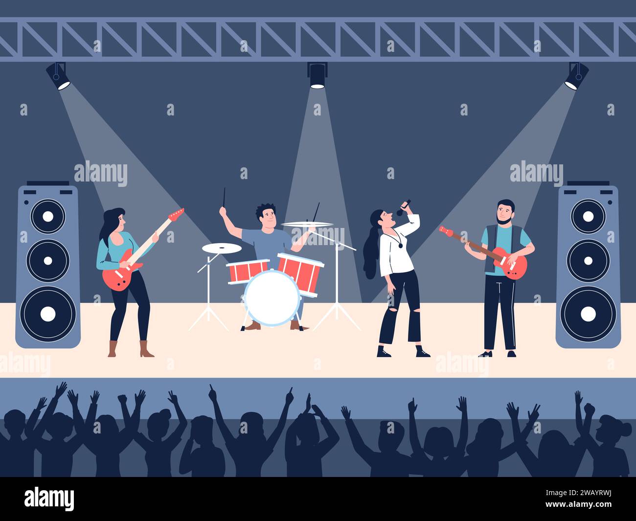 Concert rock. Jeune chanteur et musiciens sur scène. Divertissement public, homme femme jouer de la guitare et de la batterie. Groupe de musique moderne scène vectorielle récente Illustration de Vecteur
