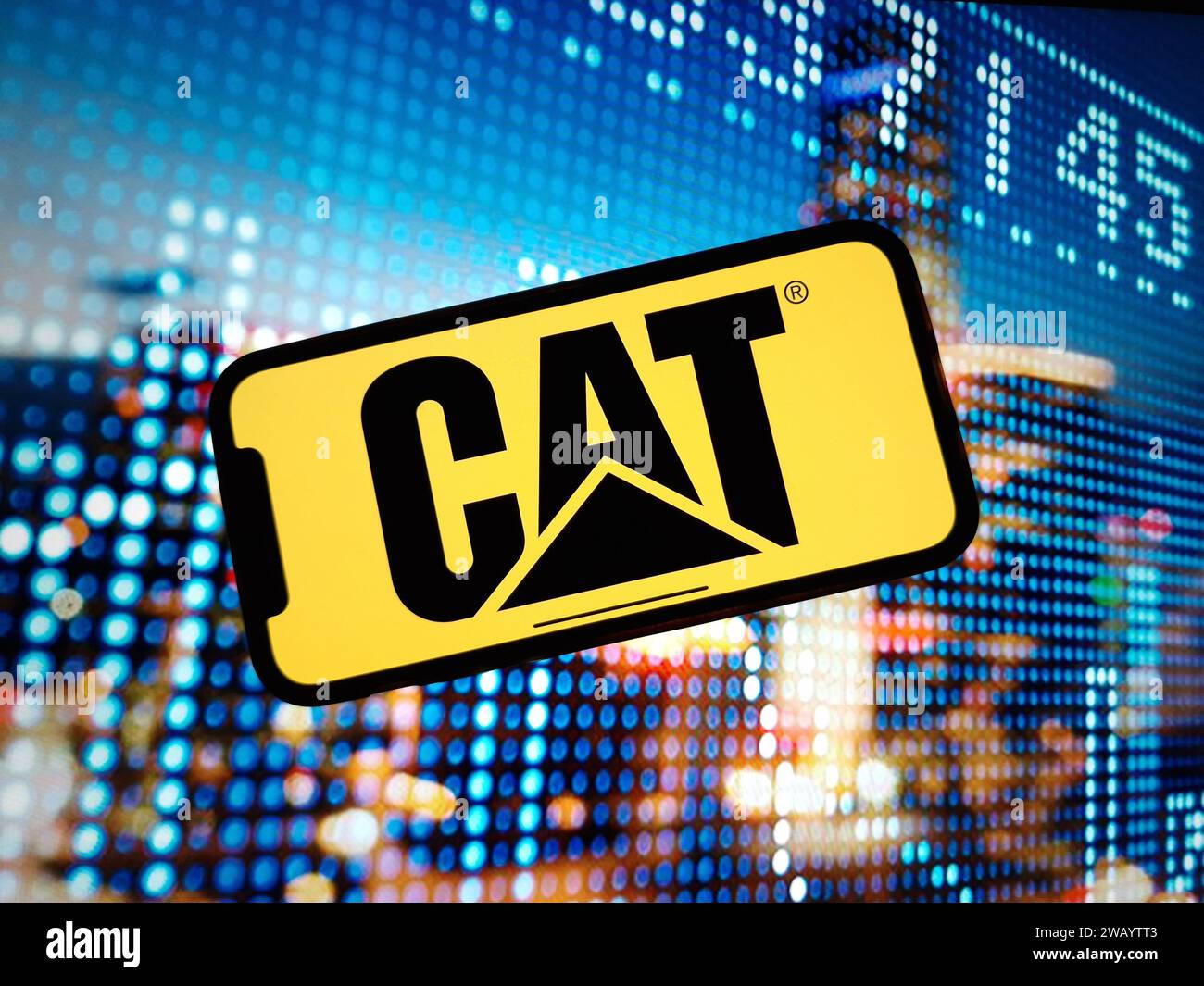 KONSKIE, Pologne - 07 janvier 2024 : affichage du logo de la société Caterpillar sur l'écran du téléphone portable Banque D'Images