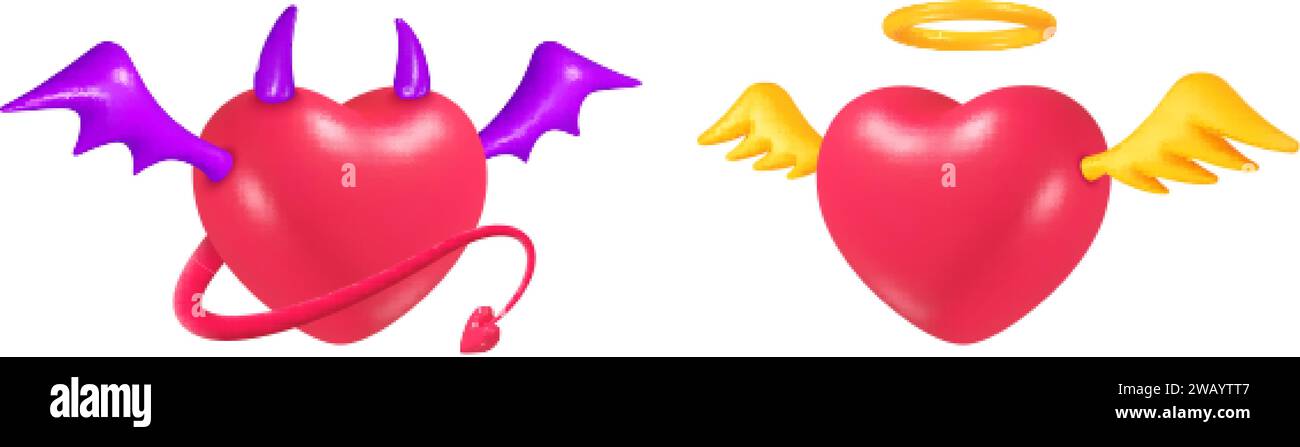 Ange Devil Hearts. cœur 3d avec des éléments de démon ou de dieu, mal bon concept mauvais amour cornes ailes de queue, symbole rouge de paire romantique de religion halo, illustration vectorielle réaliste nowaday du cœur de l'ange diable Illustration de Vecteur