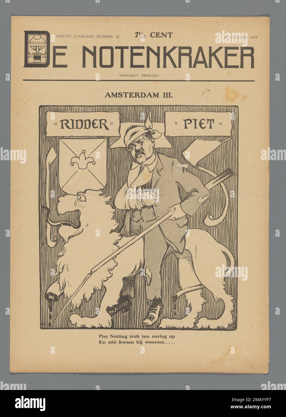 De Notenkraker, 19 octobre 1907 / Amsterdam III - Ridder Piet, Albert Hahn (I), magazine 1907. Imprimer épisode du magazine satirique de Notenkraker du 19 octobre 1907, premier volume, numéro 42. Couverture avec illustration du député Piet Nolting qui revient comme un chevalier et chevauchant un lion d'un jeu de mâchoire perdue. Partie d'un premier volume complet (1907). Chaque numéro contient 8 pages, en partie pas encore coupées, avec une caricature d'Albert Hahn au recto, sur les autres pages de Hahn toujours entre le texte. Dans la lettre « D » du titre, une tête d'un casse-noisette est représentée. Imprimeur : NetherlandsNetherlandspri Banque D'Images