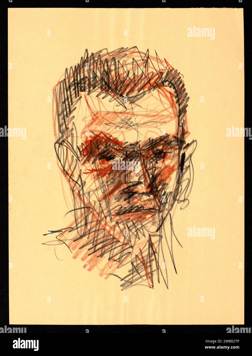 Portrait au crayon noir d'un homme. Croquis rapide sur papier jaune. Etude d'esquisse de studio pour la peinture. Banque D'Images