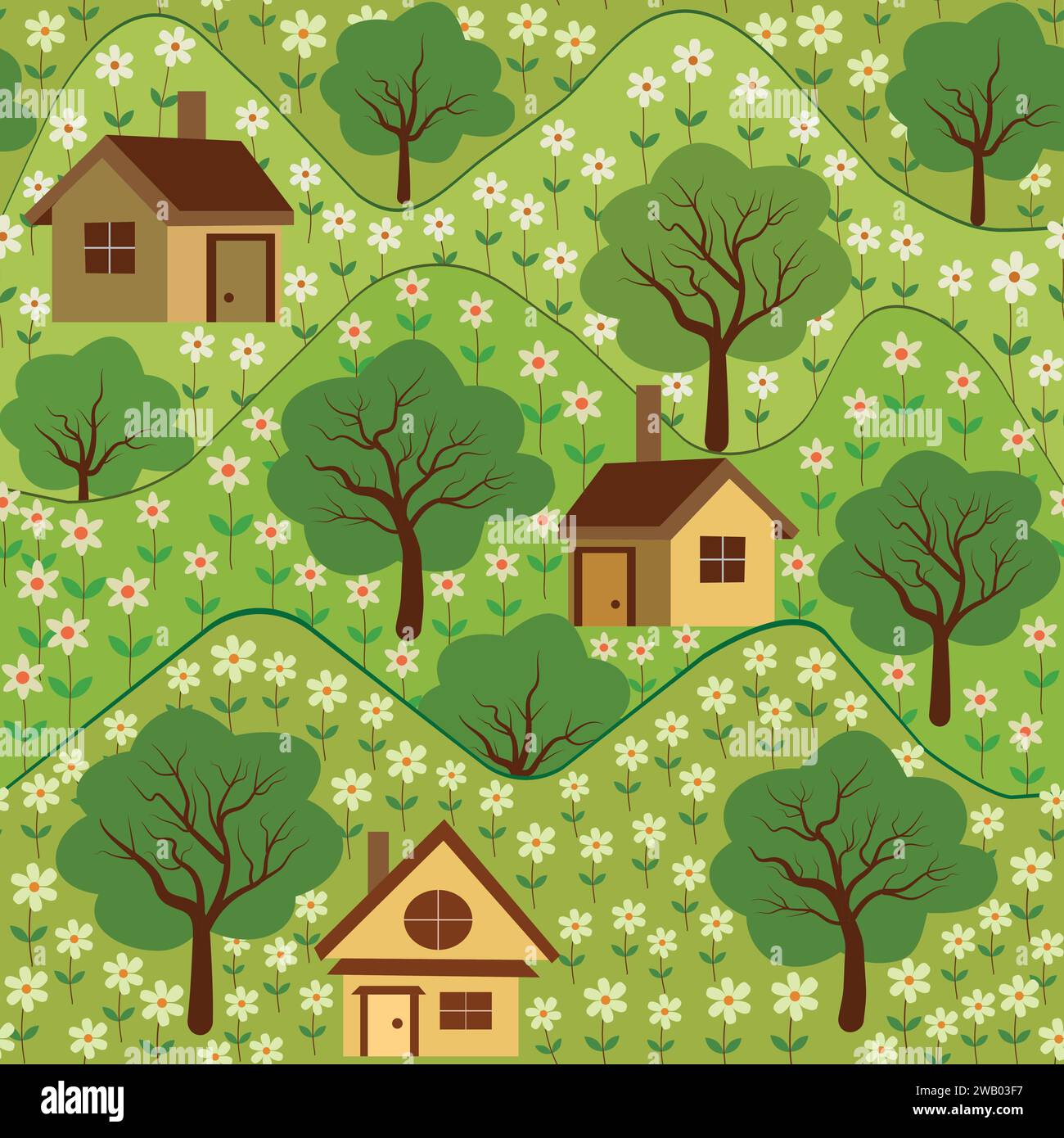 Belles maisons sur des collines verdoyantes avec des champs de fleurs et des arbres modèle sans couture. Pour papier peint, textile et arrière-plans Illustration de Vecteur