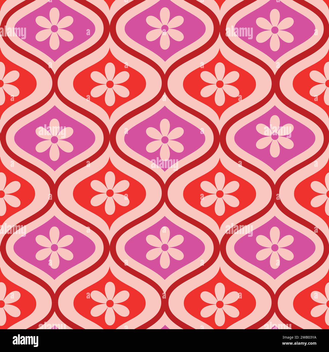 Fleurs rétro rose et rouge sur mid Century ogee Seamless Pattern. Pour tissu, textile et papier peint Illustration de Vecteur