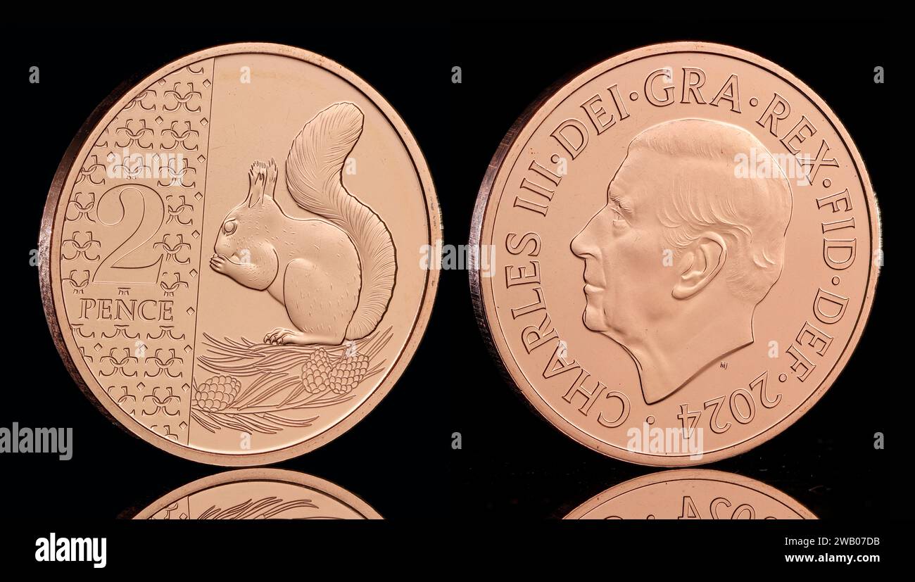 Pièce de 2 pence Red Squirrel dans le jeu de pièces de monnaie britannique annuel 2024 présentant le premier portrait de pièce du roi Charles III par Martin Jennings Banque D'Images