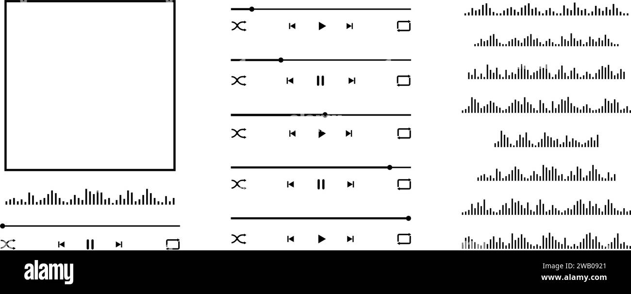 Créateur d'interface de lecteur de musique avec cadre de couverture d'album, boutons, barre de chargement et onde sonore. Éléments pour constructeur de modèle d'application de lecteur audio isolé sur fond blanc. Illustration graphique vectorielle Illustration de Vecteur