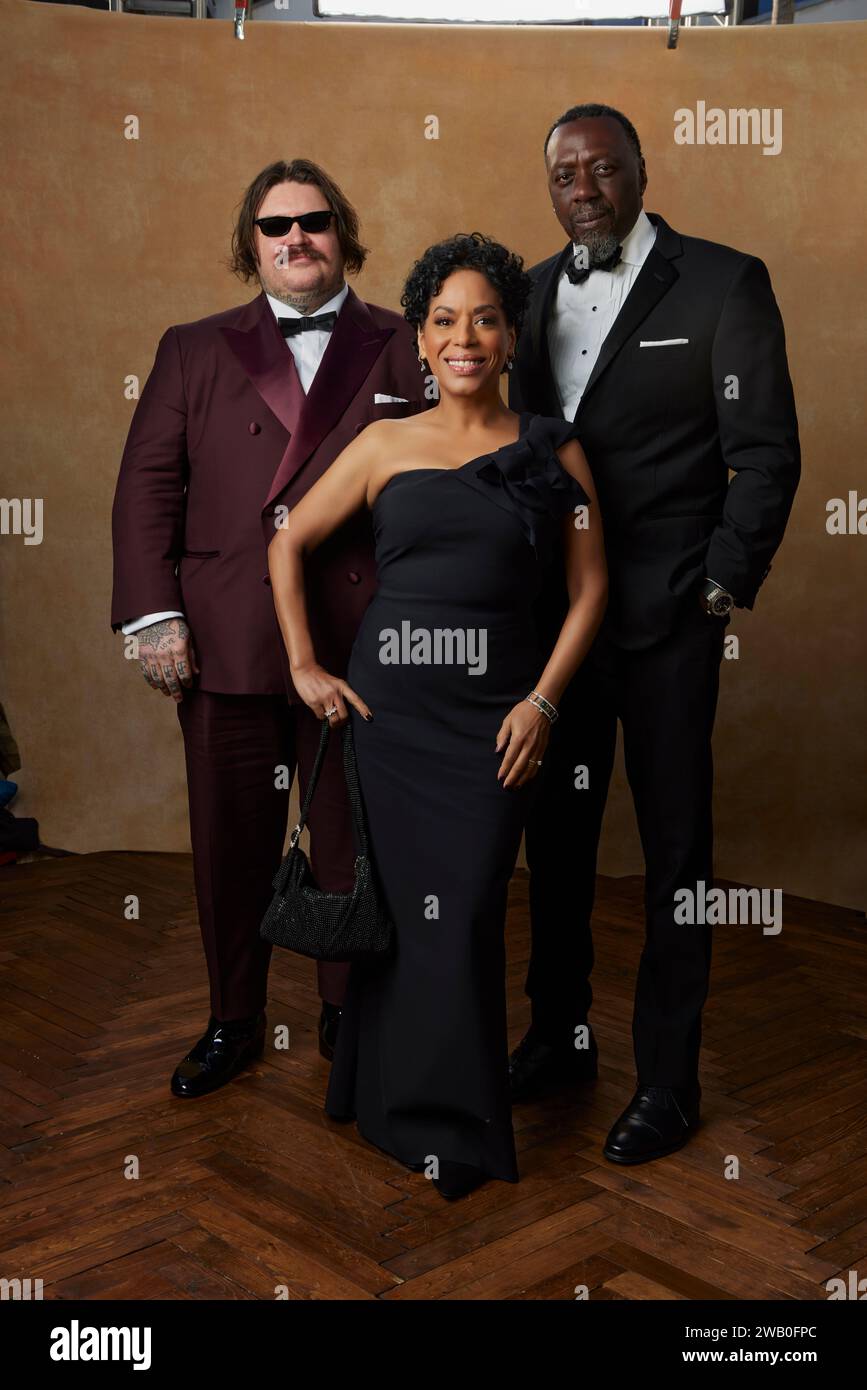 Beverly Hills, États-Unis. 07 janvier 2024. Matty Matheson, Liza Colón-Zayas et Edwin Lee Gibson au stand de portraits lors du 81e Golden Globe Awards qui s'est tenu à l'hôtel Beverly Hilton le 7 janvier 2024 à Beverly Hills, en Californie. Crédit : PMC/Alamy Live News Banque D'Images